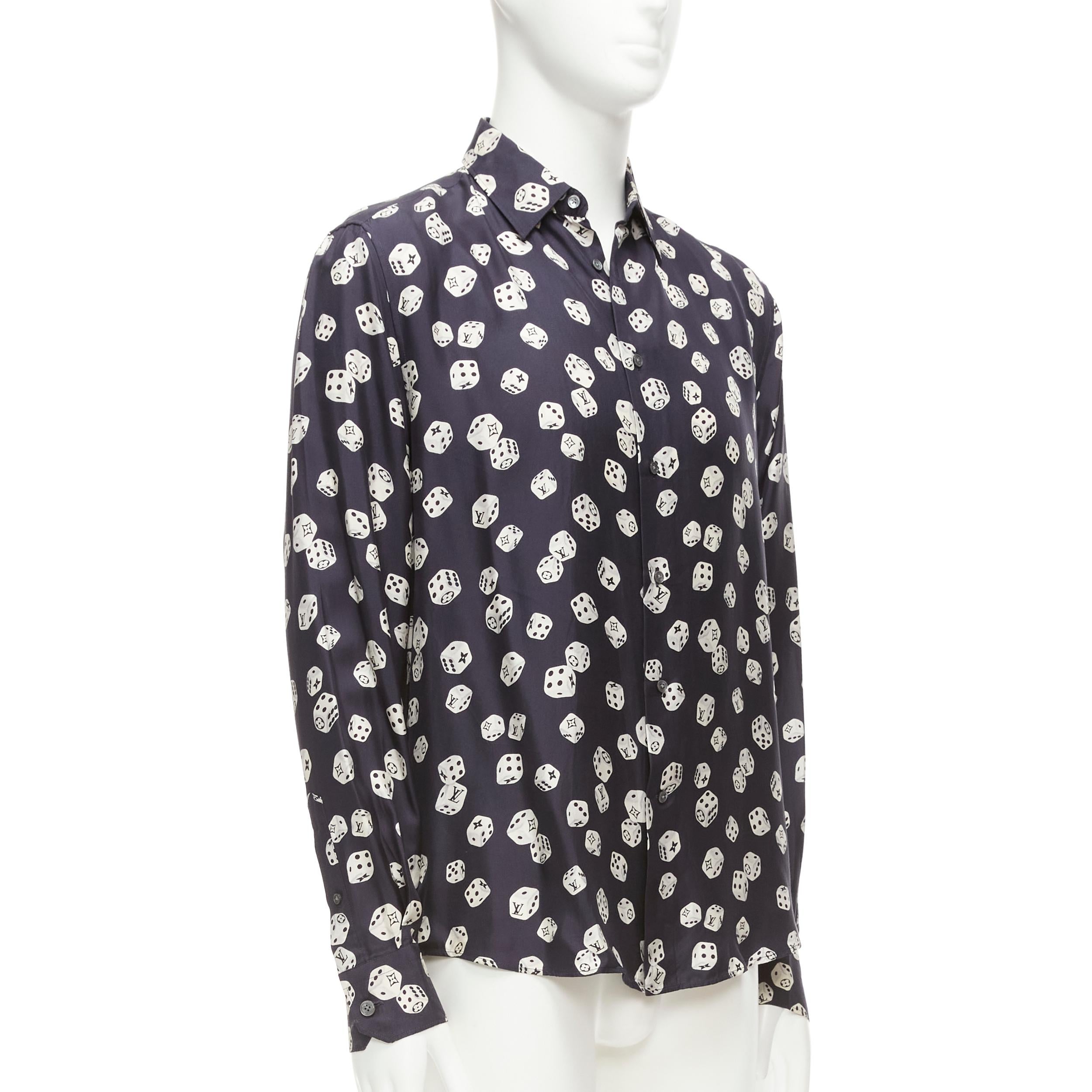 Black LOUIS VUITTON navy cream 100% silk LV logo dice print regular fit shirt M For Sale