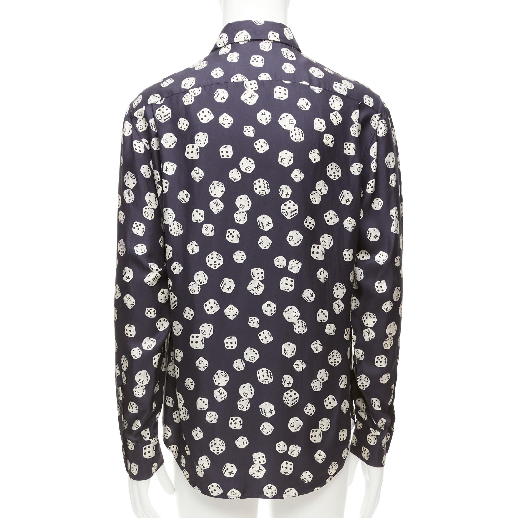 Women's LOUIS VUITTON navy cream 100% silk LV logo dice print regular fit shirt M For Sale