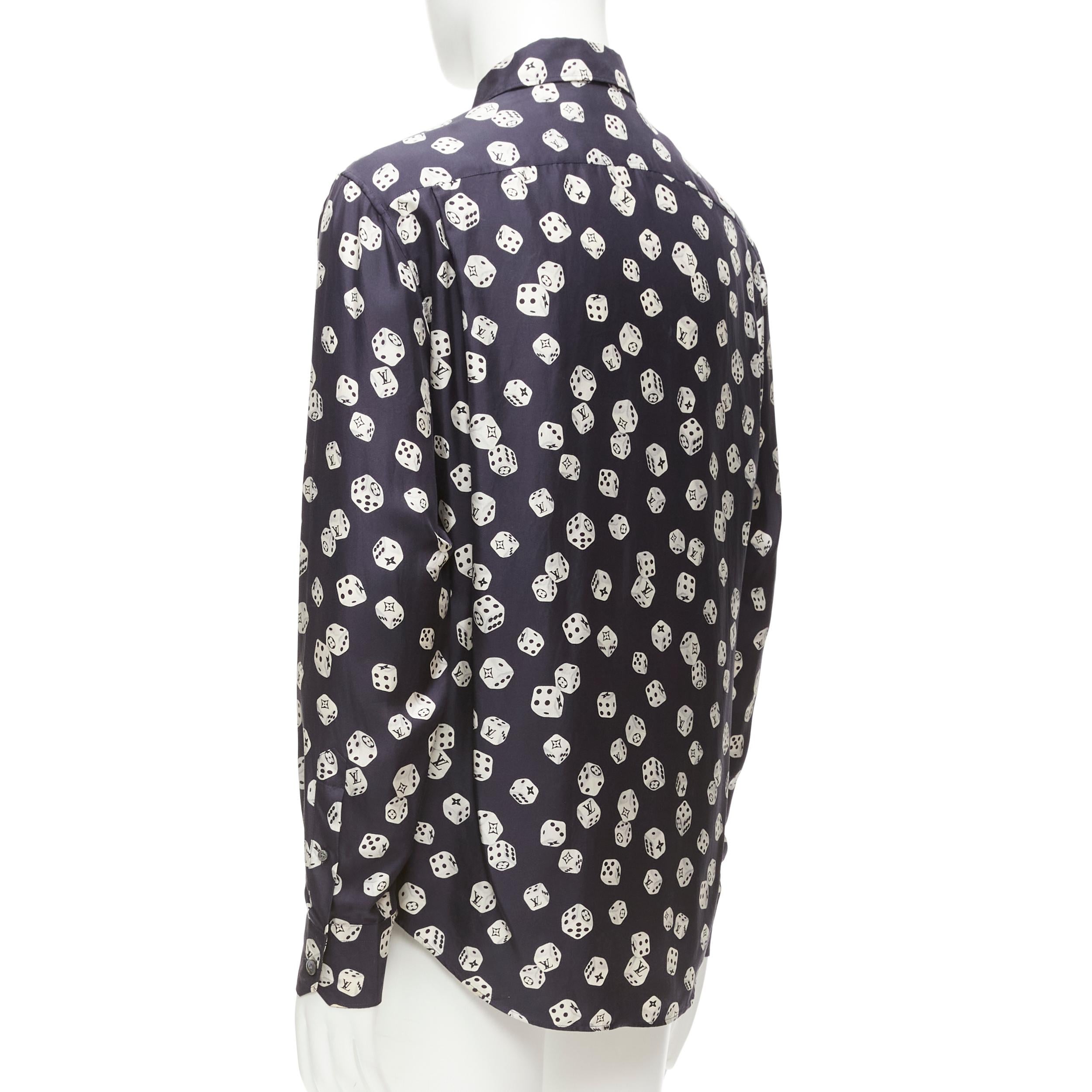 LOUIS VUITTON navy cream 100% silk LV logo dice print regular fit shirt M For Sale 1