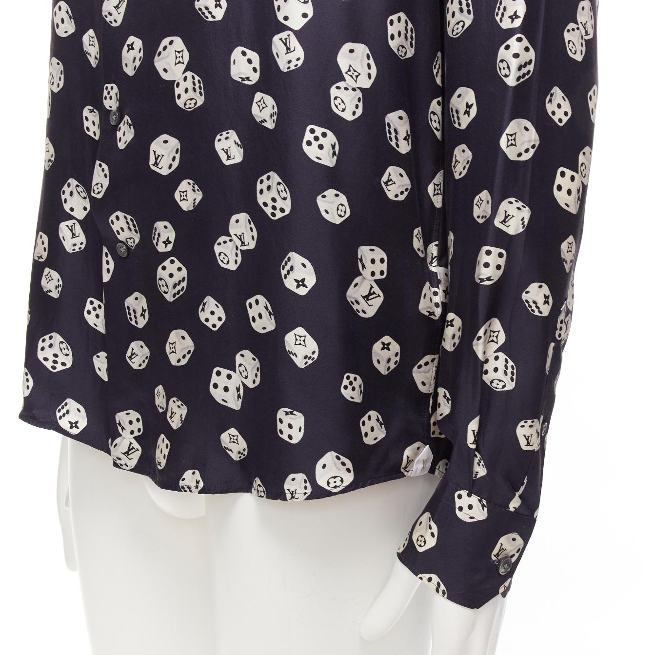 LOUIS VUITTON navy cream 100% silk LV logo dice print regular fit shirt M For Sale 2