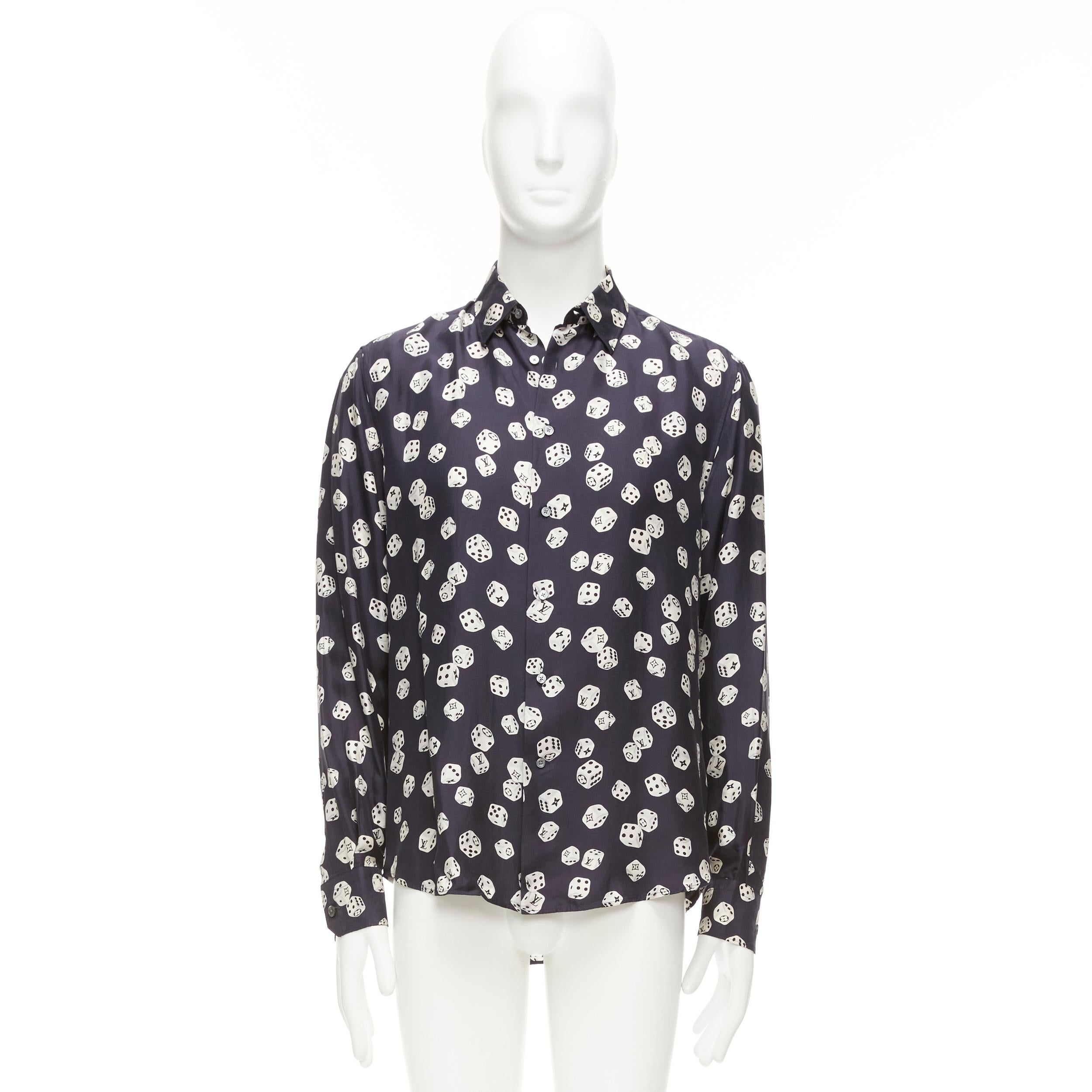 LOUIS VUITTON navy cream 100% silk LV logo dice print regular fit shirt M For Sale 4
