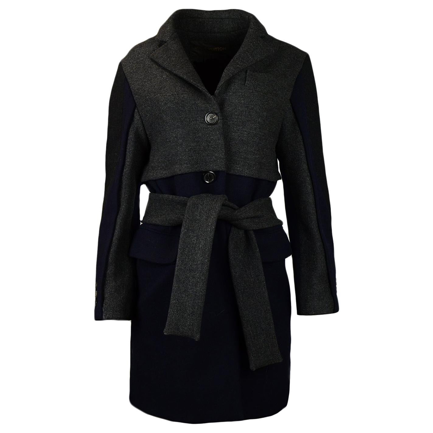 Louis Vuitton Navy Grey Wool Coat with Belt sz FR36