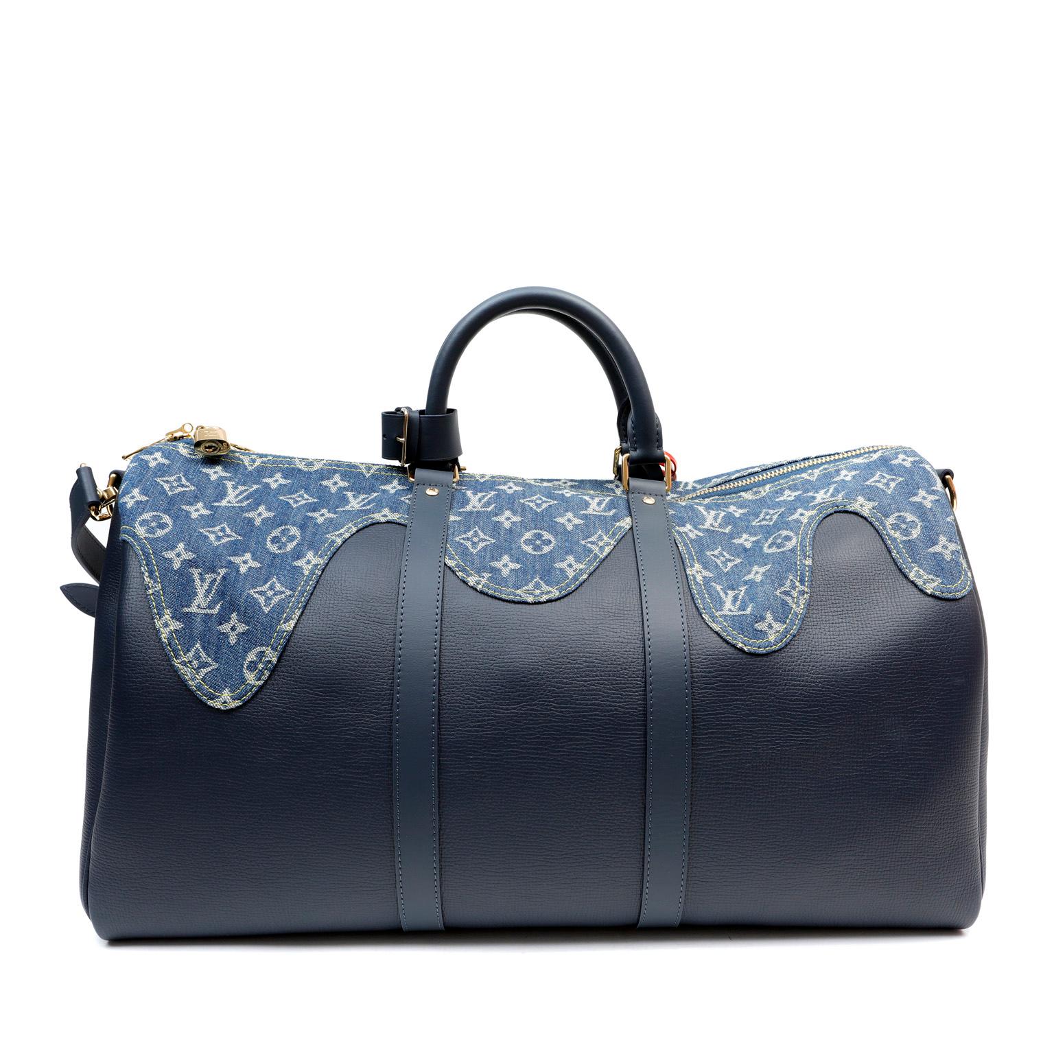  Louis Vuitton Navy Leather and Denim Monogram Drip Keepall 60 In Excellent Condition In Palm Beach, FL