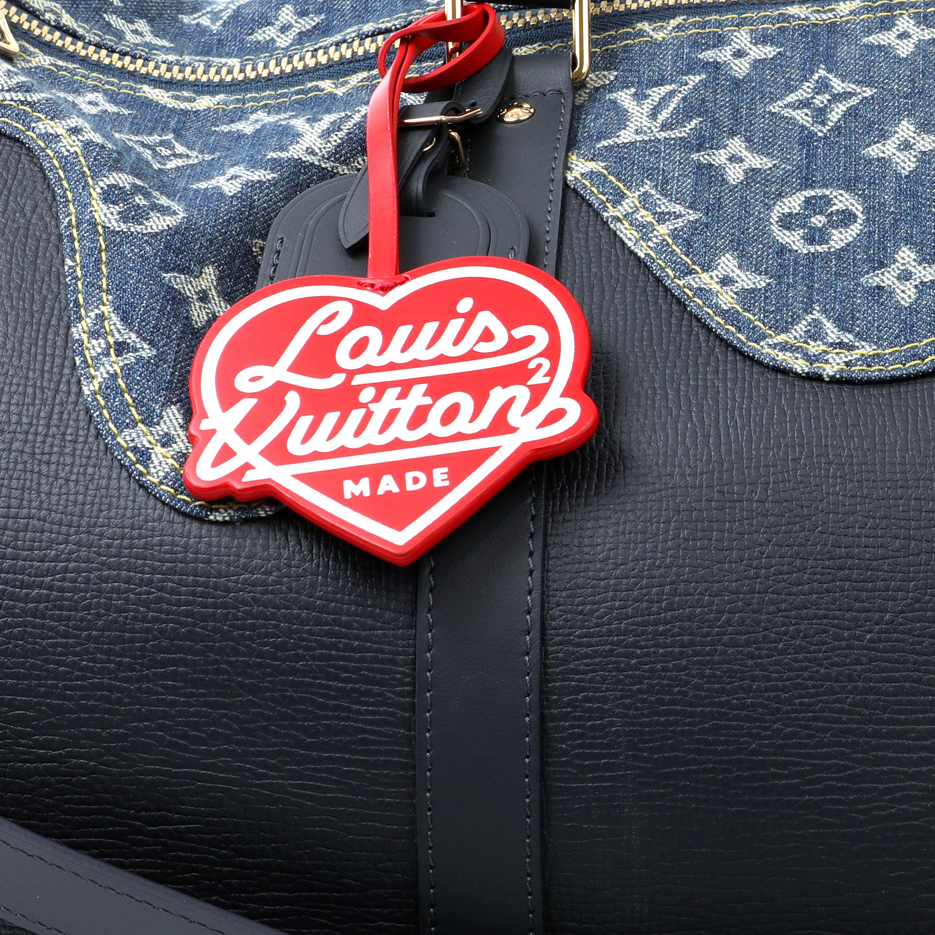 Black Louis Vuitton Navy Leather and Denim Virgil Abloh Monogram Drip Keepall 60  For Sale