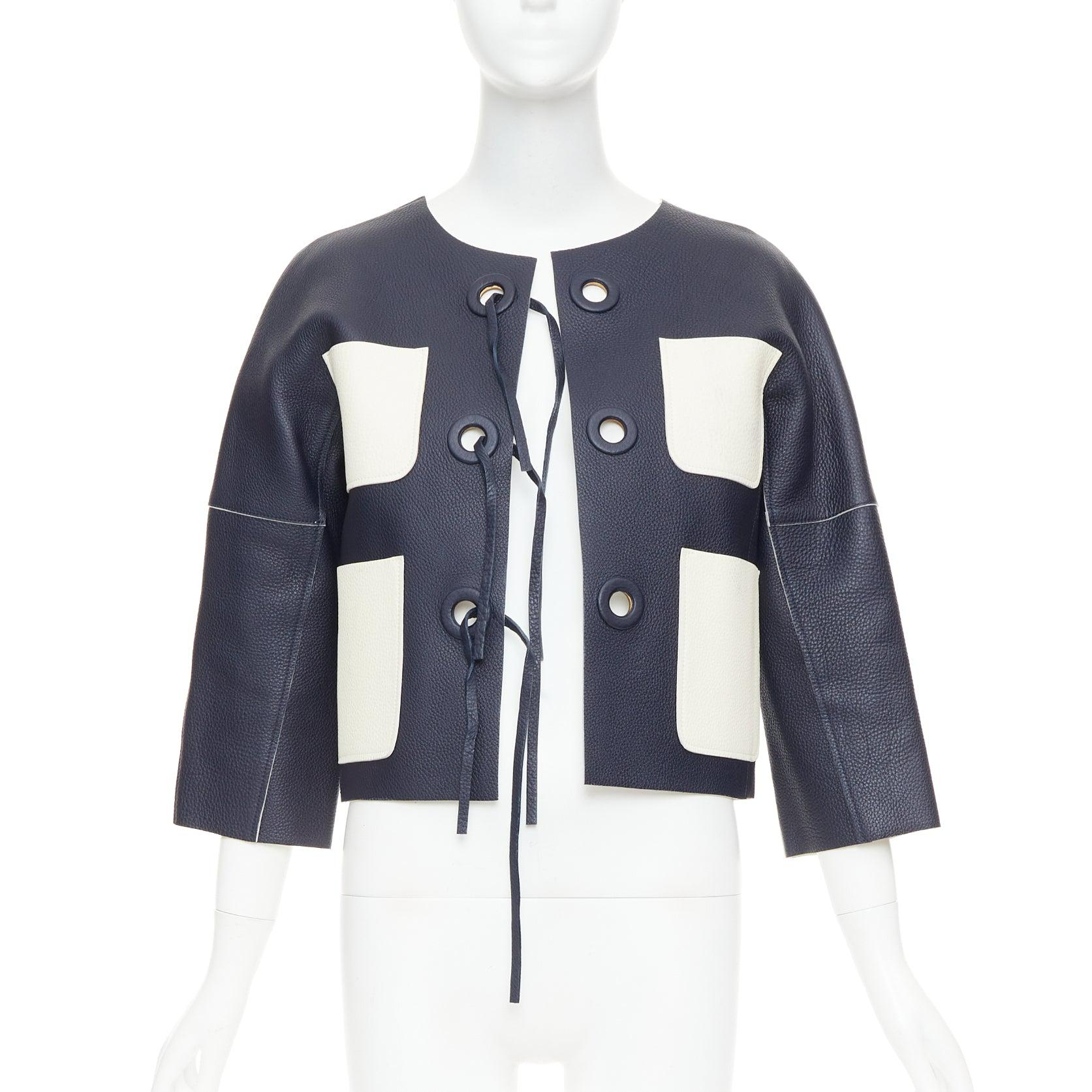 Noir LOUIS VUITTON blouson en cuir texturé marine écru à nouer sur le devant FR36 M en vente