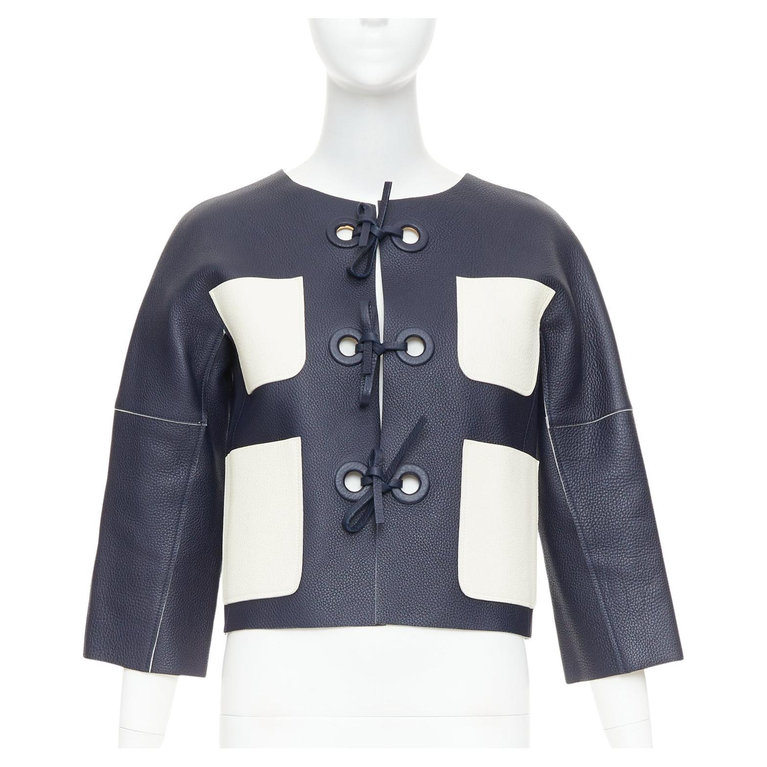 LOUIS VUITTON navy off white textured leather tie front jacket FR36 M