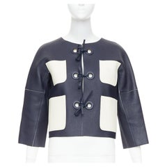 LOUIS VUITTON navy off white textured leather tie front jacket FR36 M