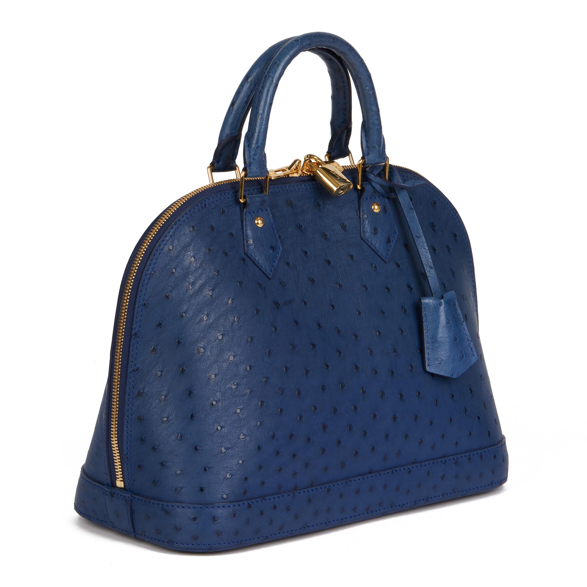 Louis Vuitton NAVY OSTRICH LEATHER ALMA MM

CONDITION NOTES
The exterior is in excellent condition with light signs of use.
The interior is in excellent condition with light signs of use.
The hardware is in excellent condition with light signs of