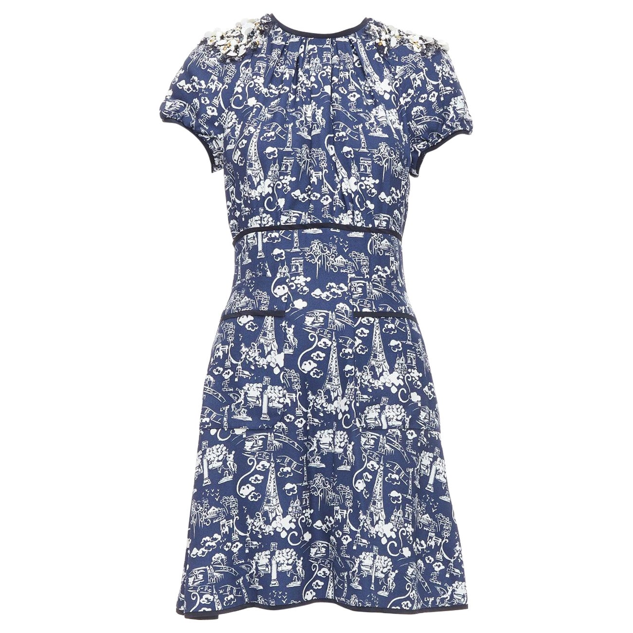 LOUIS VUITTON navy Paris City Druck verschönert Ausschnitt Kleid FR36 S