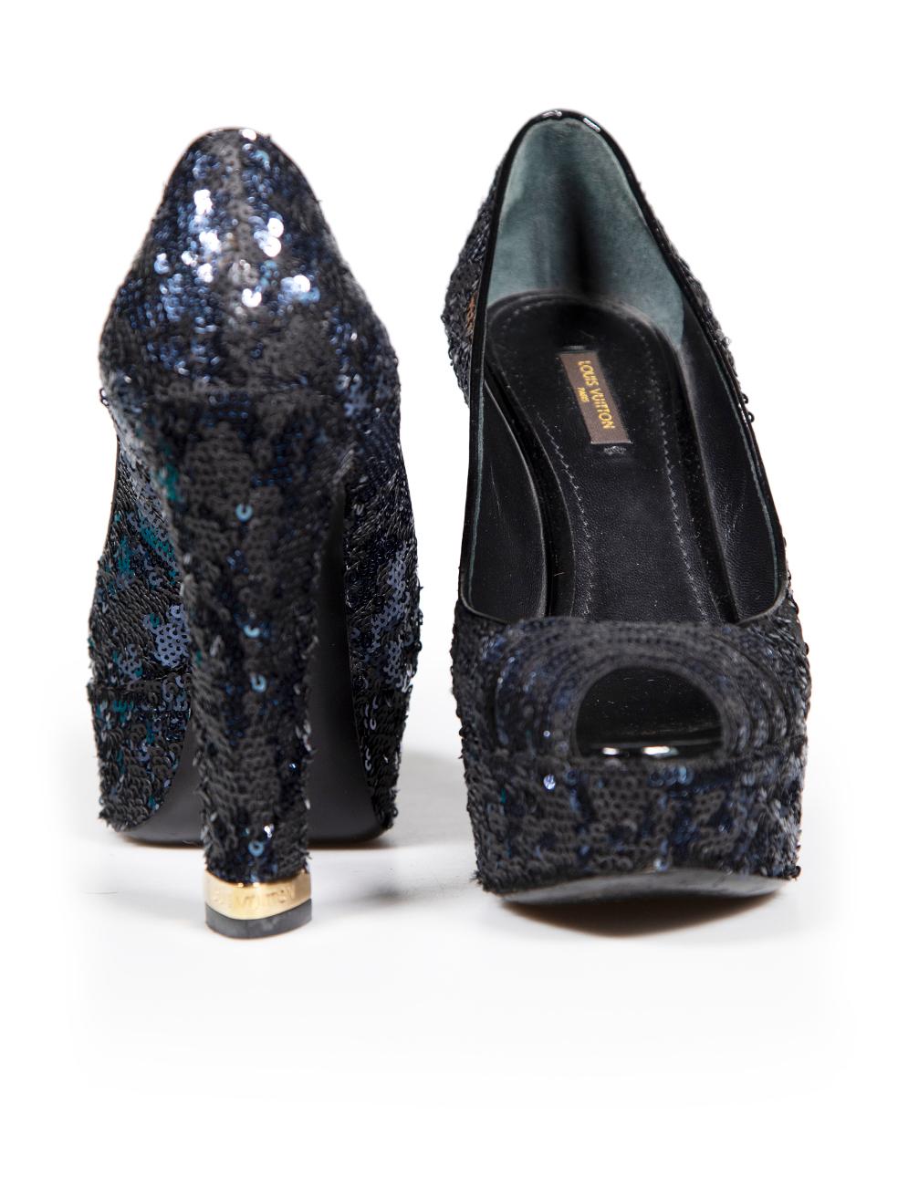 Louis Vuitton Navy Sequin Peep Toe Platform Heels Size IT 38.5 In Good Condition For Sale In London, GB