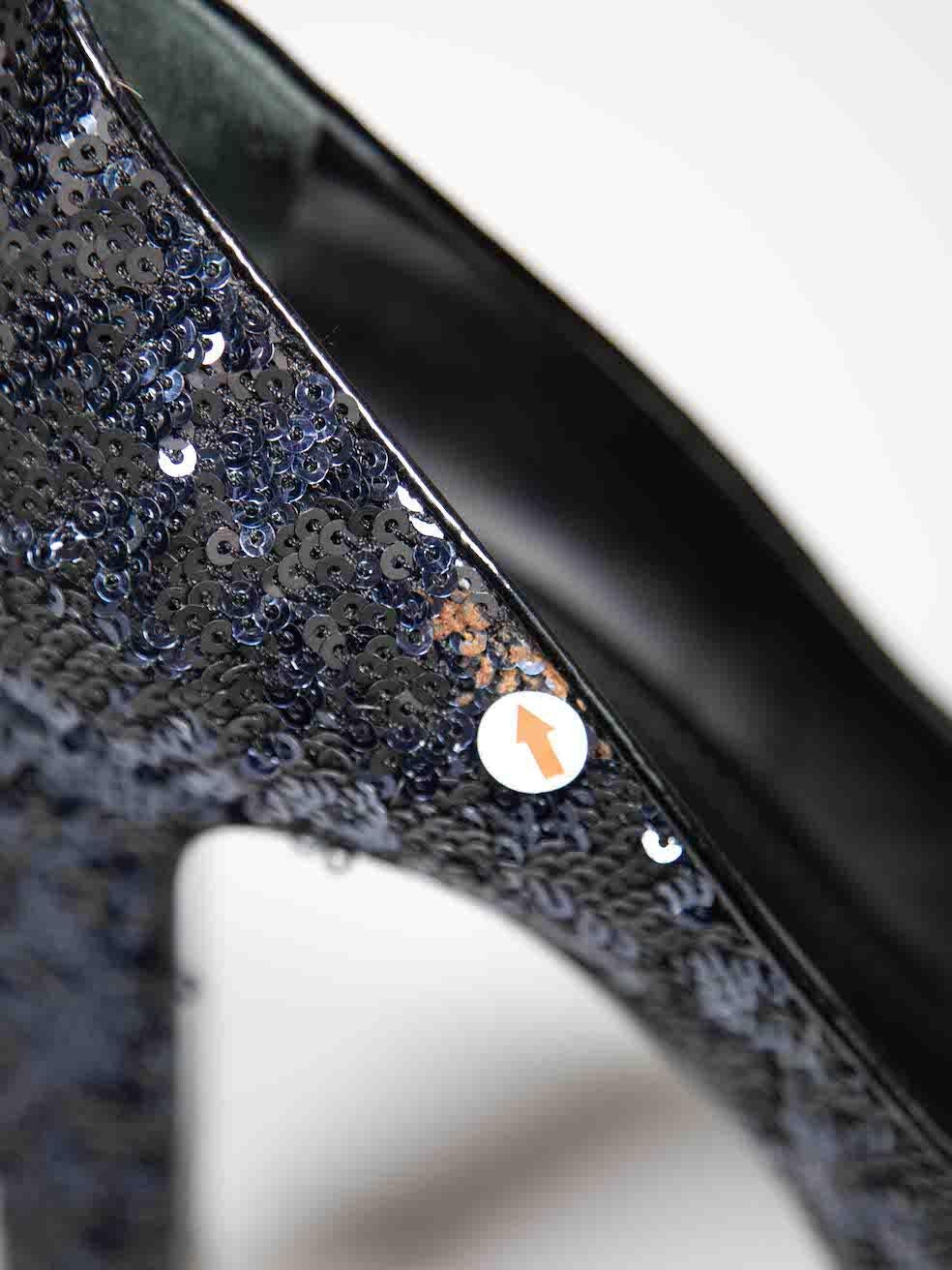 Louis Vuitton Navy Sequin Peep Toe Platform Heels Size IT 38.5 For Sale 1