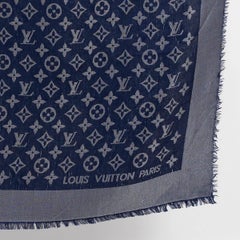 LOUIS VUITTON navy & silver silk viscose wool MONOGRAM SHINE Shawl Scarf