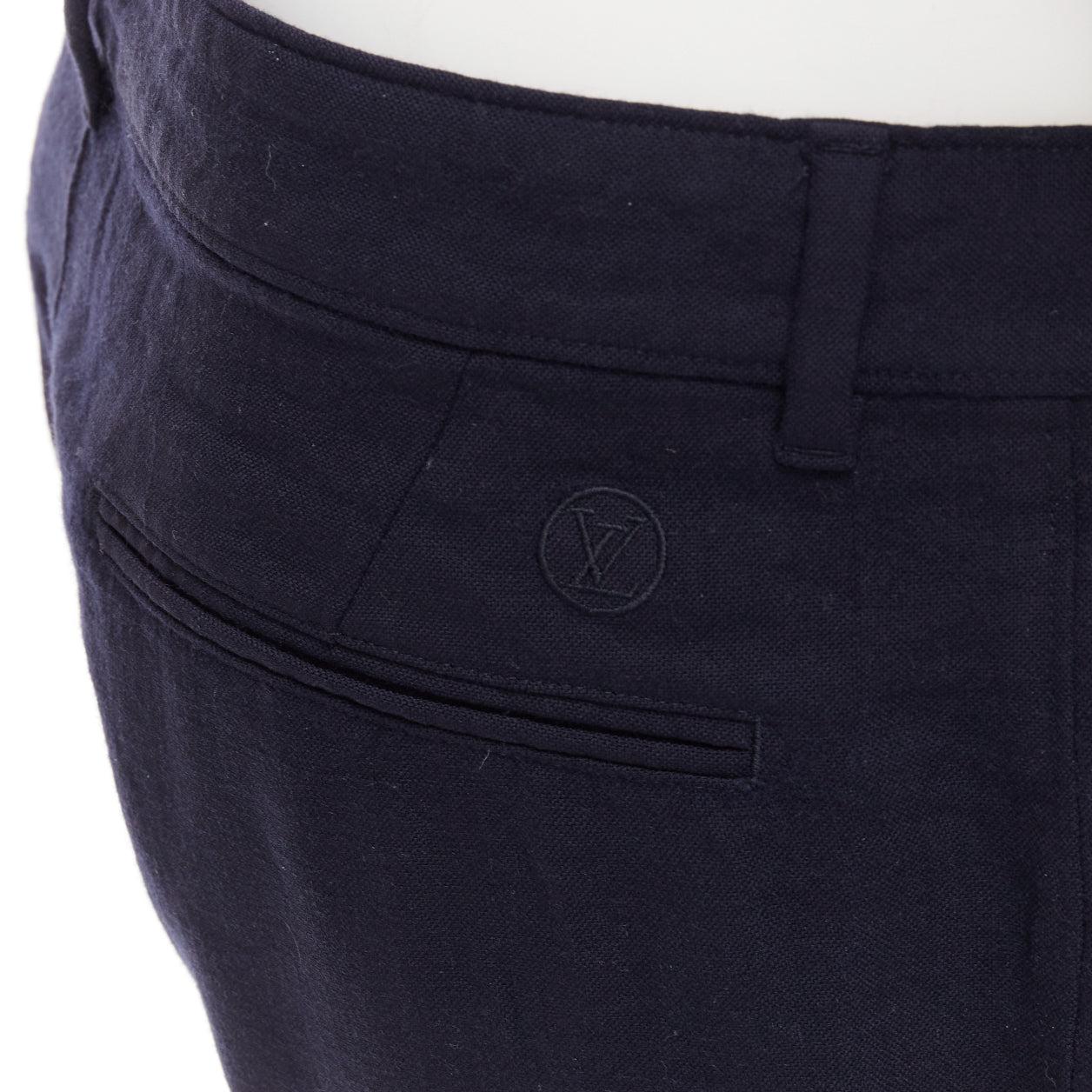 LOUIS VUITTON navy wool blend LV logo knee darts panelled crop pants FR42 M For Sale 2