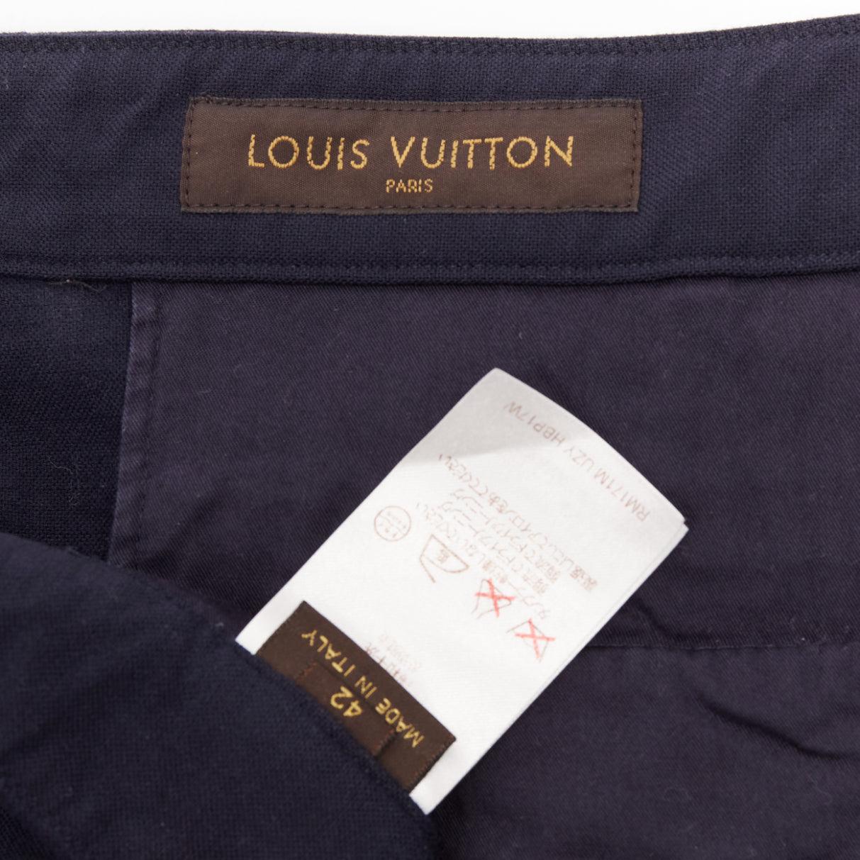 LOUIS VUITTON navy wool blend LV logo knee darts panelled crop pants FR42 M For Sale 3