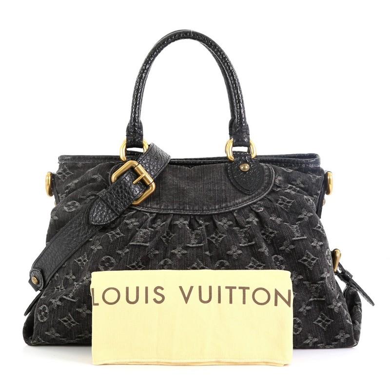 This Louis Vuitton Neo Cabby Handbag Denim MM, crafted from black monogram denim, features dual rolled handles, pleated details, buckled sides, protective base studs and brass-tone hardware. Its zip closure opens to a gold microfiber interior with