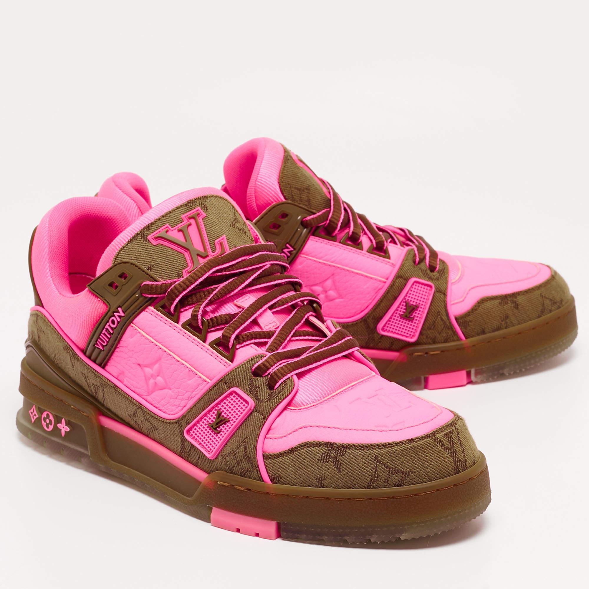 Louis Vuitton Neon Pink/Brown Monogram Leather and Canvas LV Trainer Sneakers Si In Excellent Condition In Dubai, Al Qouz 2