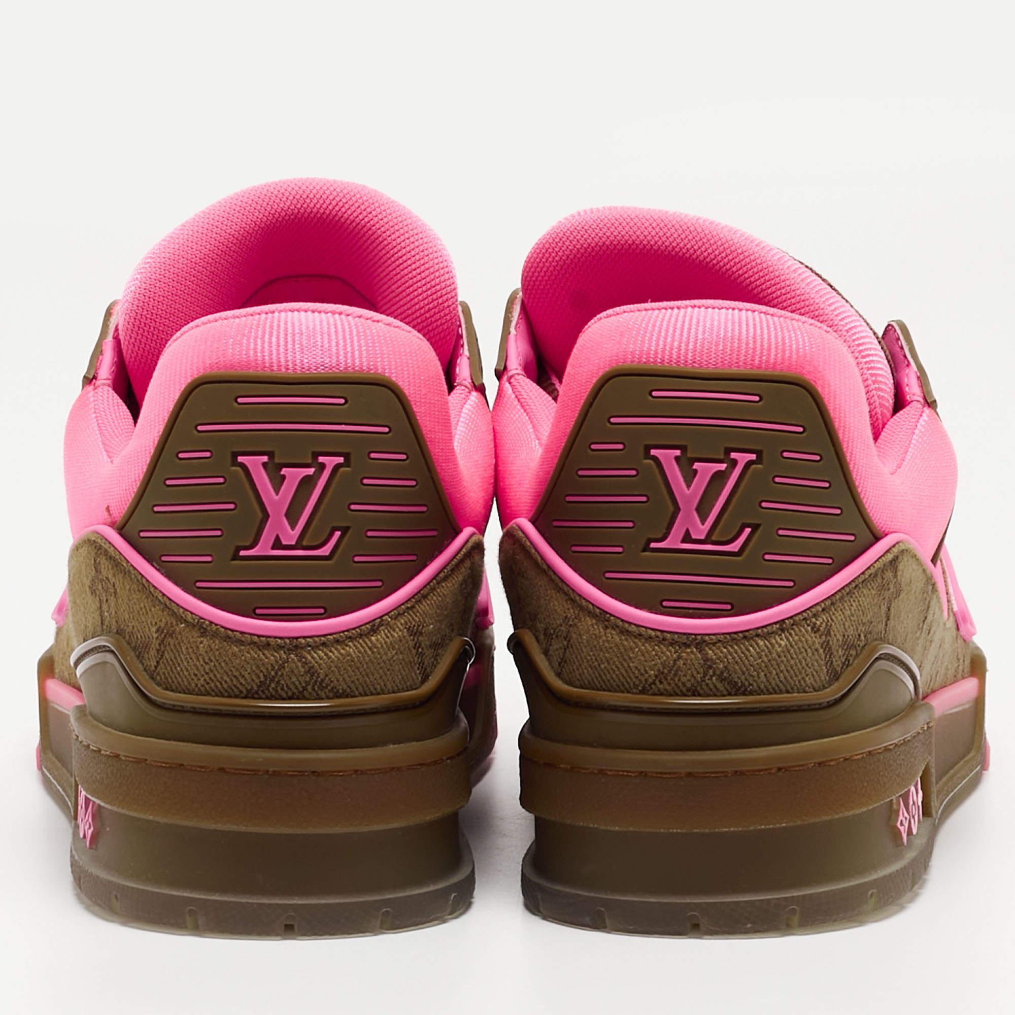 Louis Vuitton Neon Pink/Brown Monogram Leather and Canvas LV Trainer Sneakers Si 1