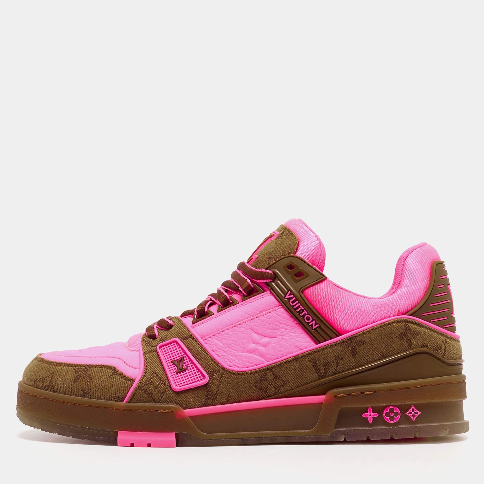 Louis Vuitton Neon Pink/Brown Monogram Leather and Canvas LV Trainer Sneakers Si 2