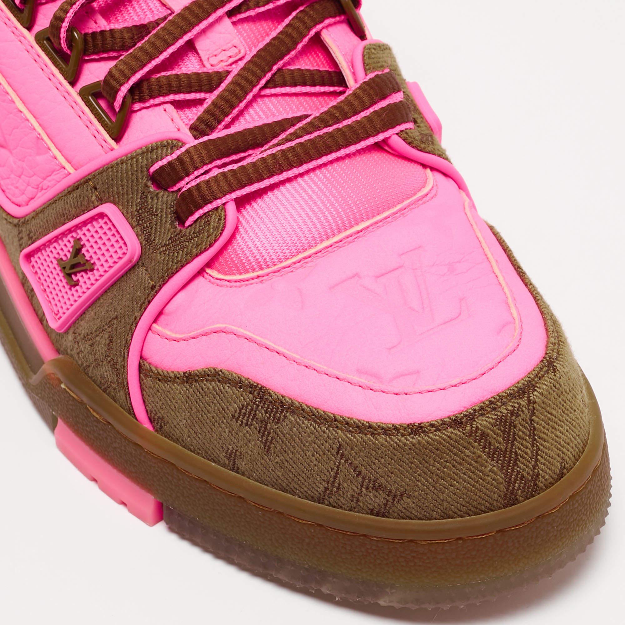 Louis Vuitton Neon Pink/Brown Monogram Leather and Canvas LV Trainer Sneakers Si 3