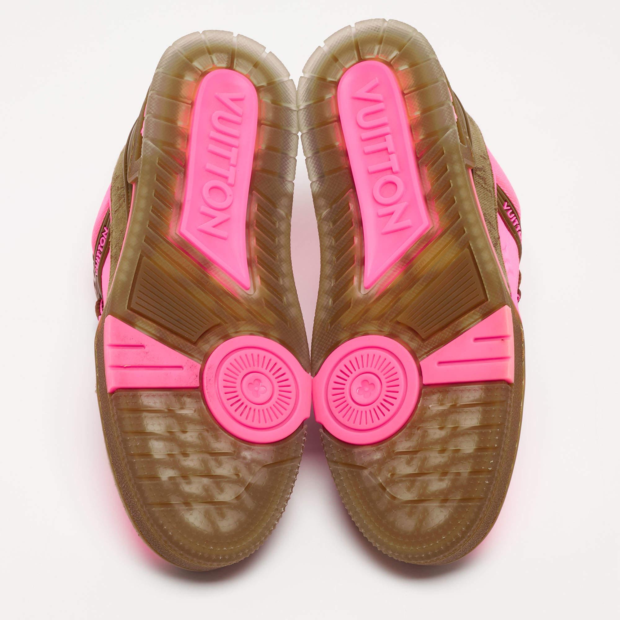 Louis Vuitton Neon Pink/Brown Monogram Leather and Canvas LV Trainer Sneakers Si 4