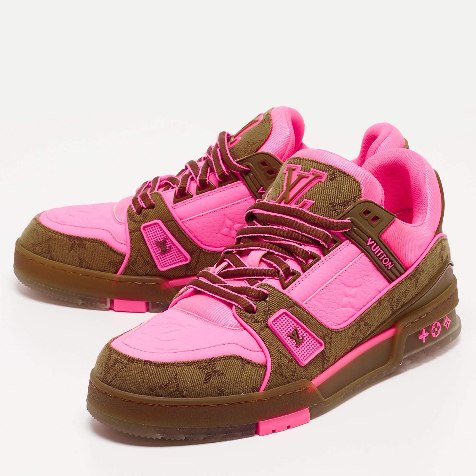 Louis Vuitton Neon Pink/Brown Monogram Leather and Canvas LV Trainer Sneakers Si 5