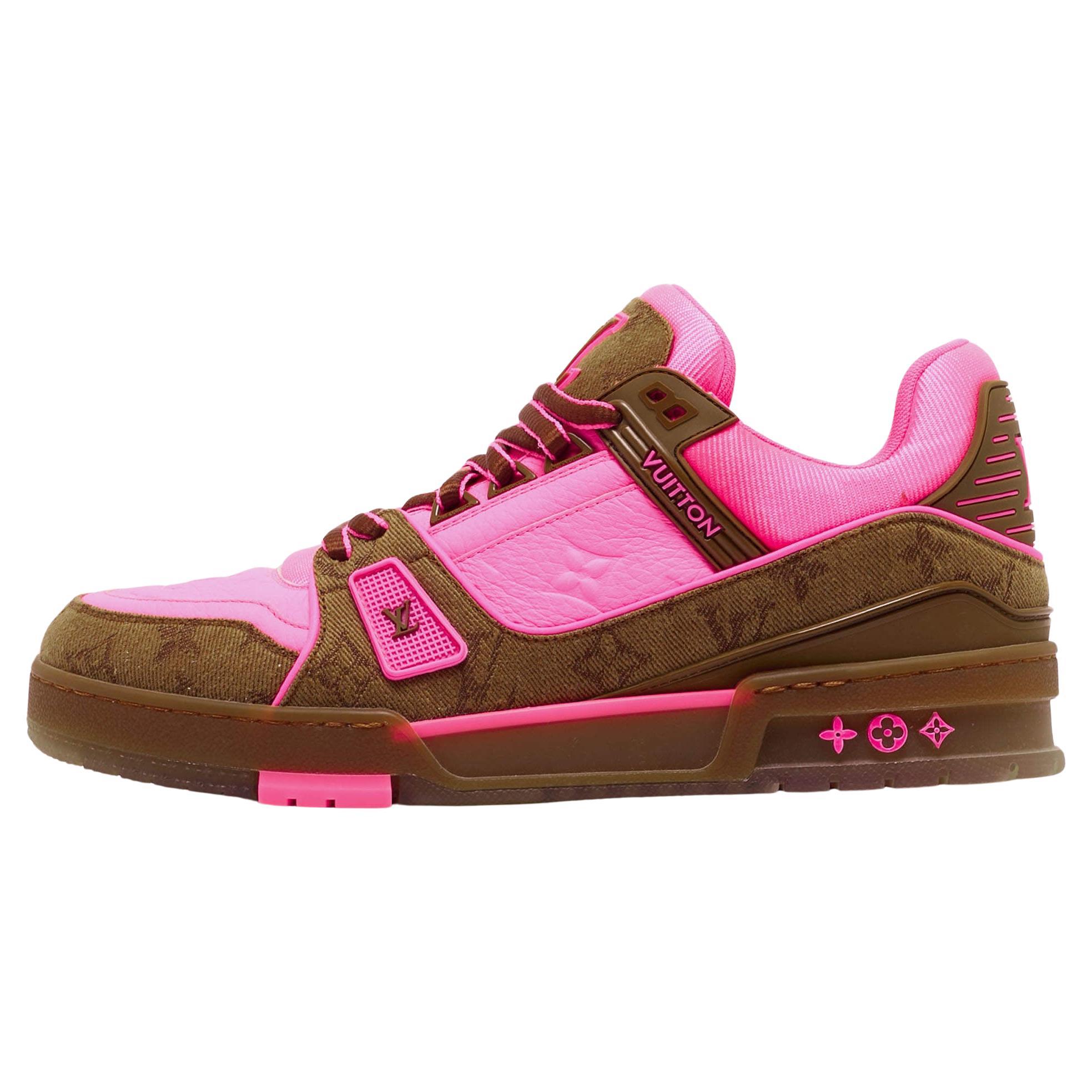 Louis Vuitton Neon Pink/Brown Monogram Leather and Canvas LV Trainer Sneakers Si