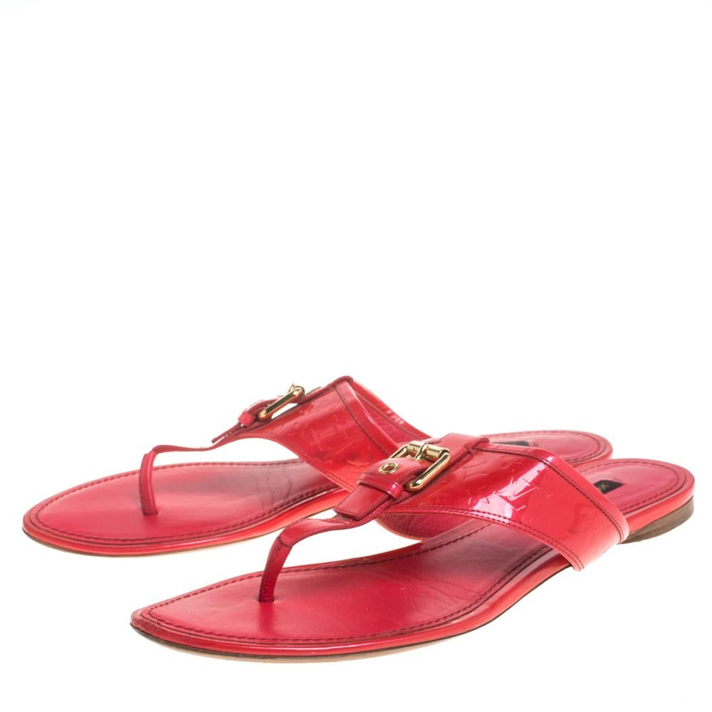 Louis Vuitton Neon Pink Monogram Patent Leather Thong Flats Size 39.5 1