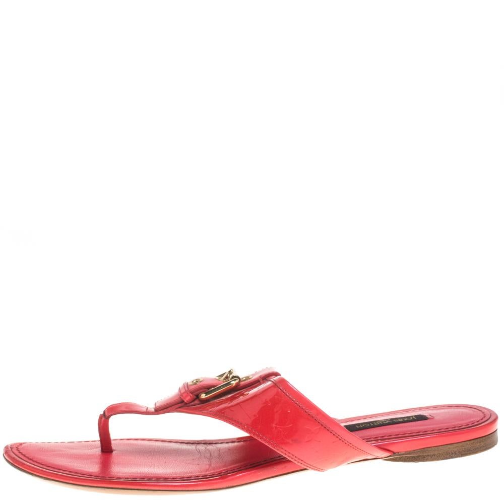 Louis Vuitton Neon Pink Monogram Patent Leather Thong Flats Size 39.5 2