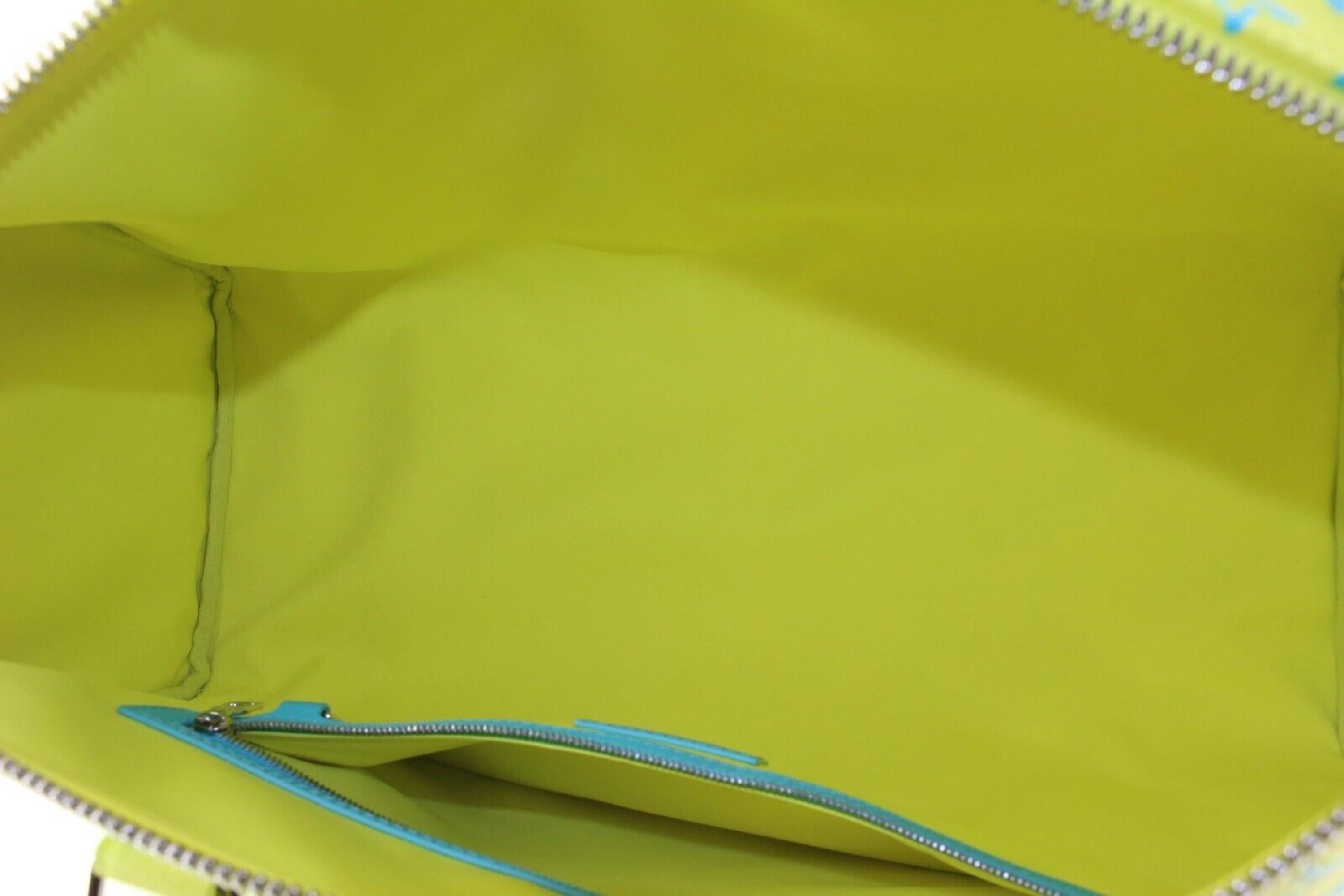 Women's Louis Vuitton Neon Yellow Blue Monogram Playground Keepall Bandouliere 504Lk0228 For Sale