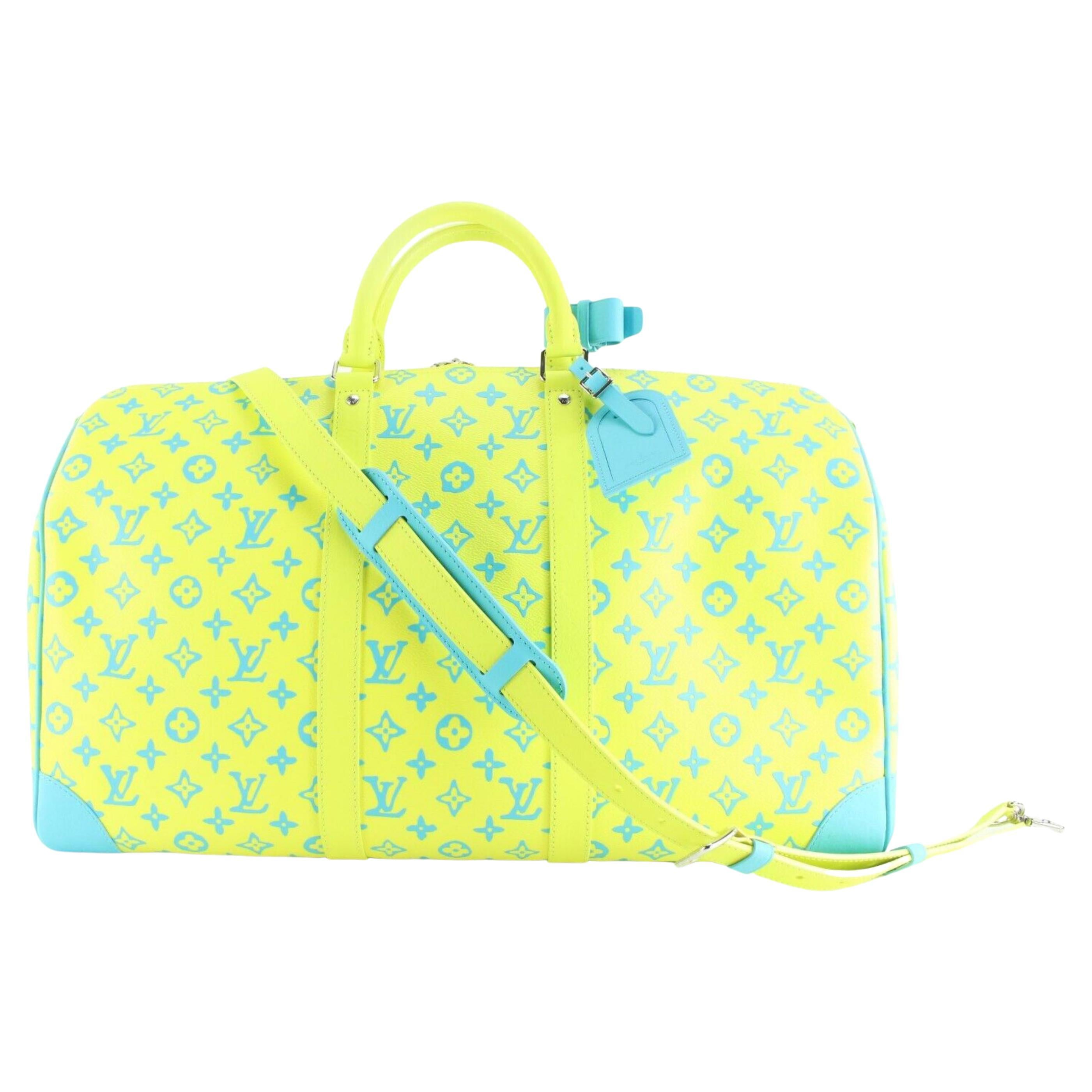 Louis Vuitton Neon Yellow Blue Monogram Playground Keepall Bandouliere 504Lk0228 For Sale
