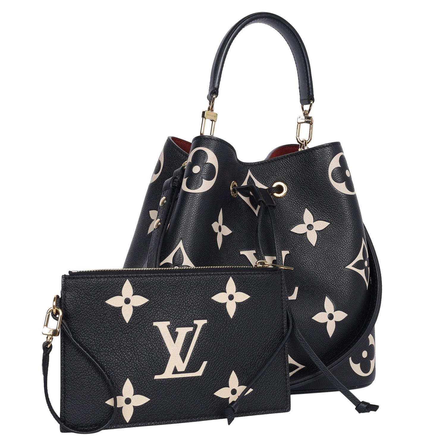 Authentic Louis Vuitton Black NeoNoe MM Empreinte Giant tote with pochette. The bold LV initials and monogram flowers bring a fashionable feel to this NeoNoe MM bucket bag. The motif is first printed on the leather then embossed to enhance the