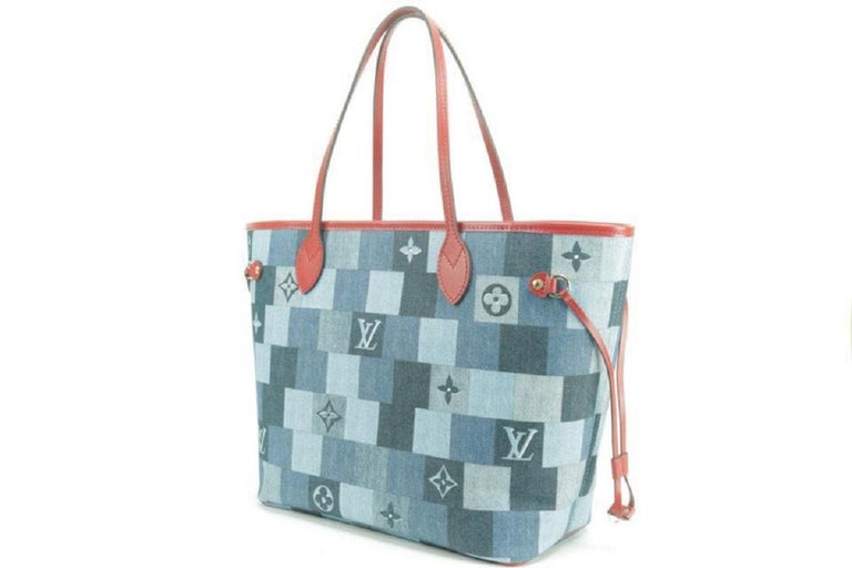louis vuitton m44981 denim patchwork neverfull (ar5109) mm size red trim,  with pouch & dust cover