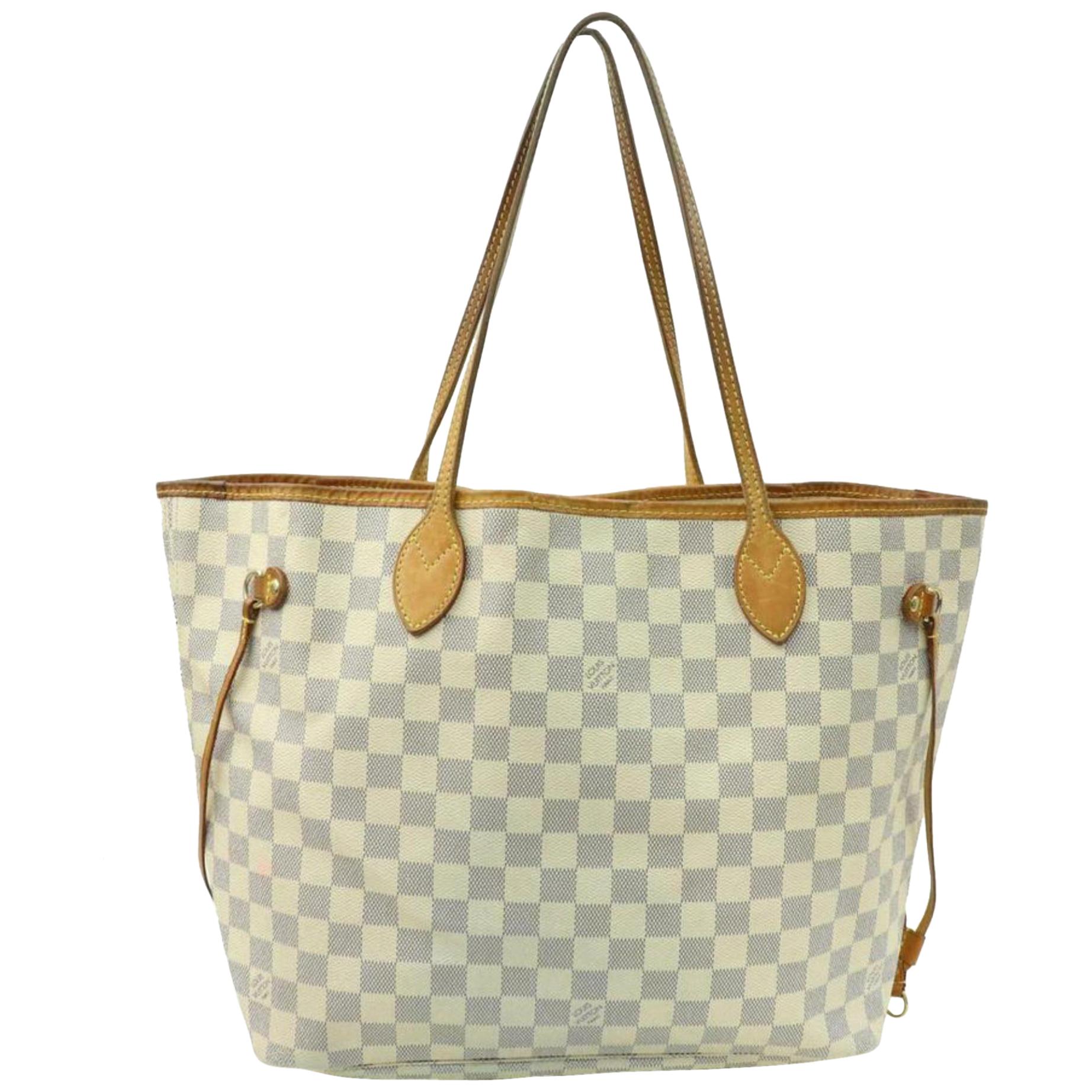 Louis Vuitton Neverfull Damier Azur Mm Medium 870317 White Coated Canvas Tote For Sale