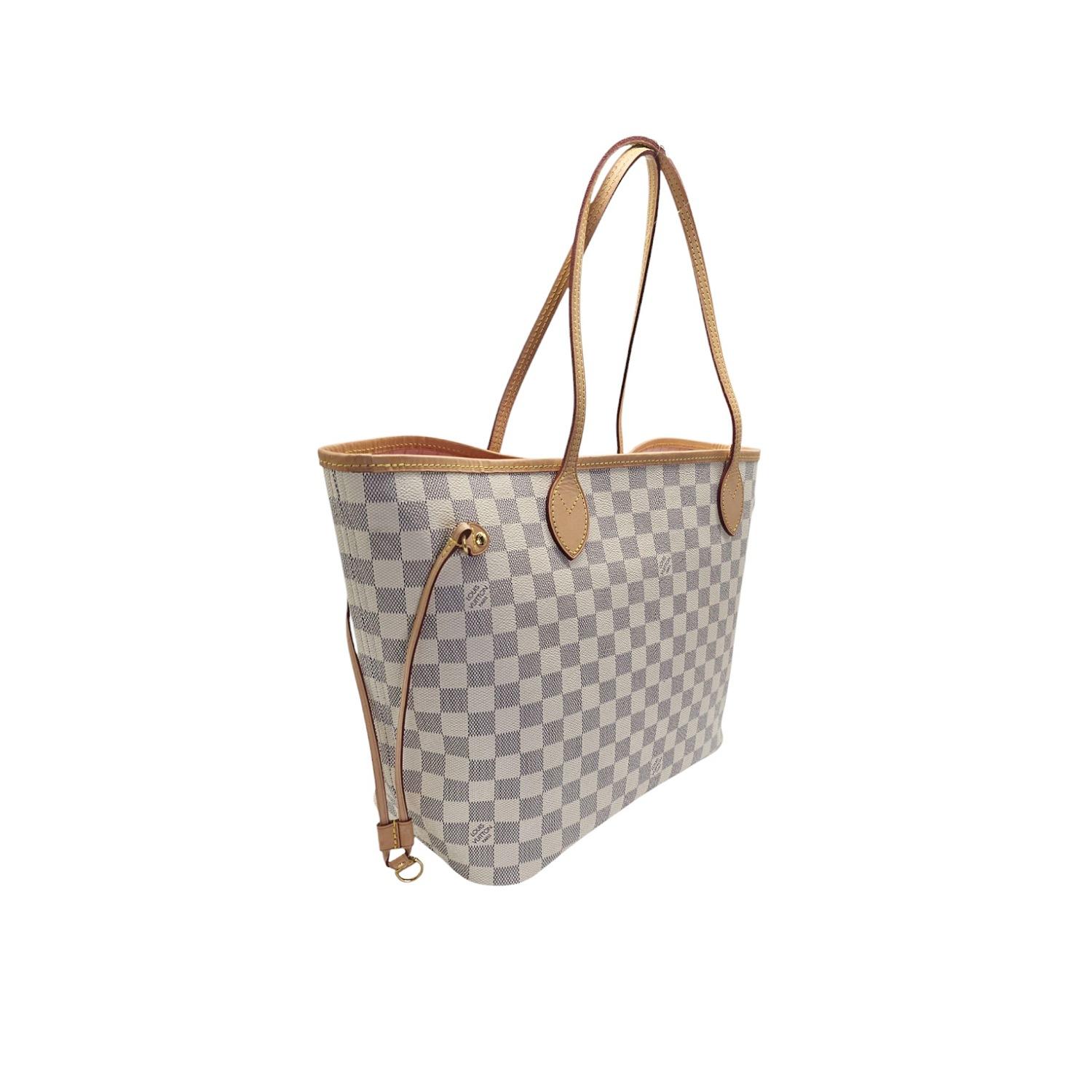 Indulge in the luxurious Louis Vuitton Neverfull Damier Azur MM Tote in Rose Ballerine. Timeless and heritage-inspired, this tote is crafted from fresh Damier Azur canvas and natural cowhide trim. The spacious interior, lined in vibrant striped