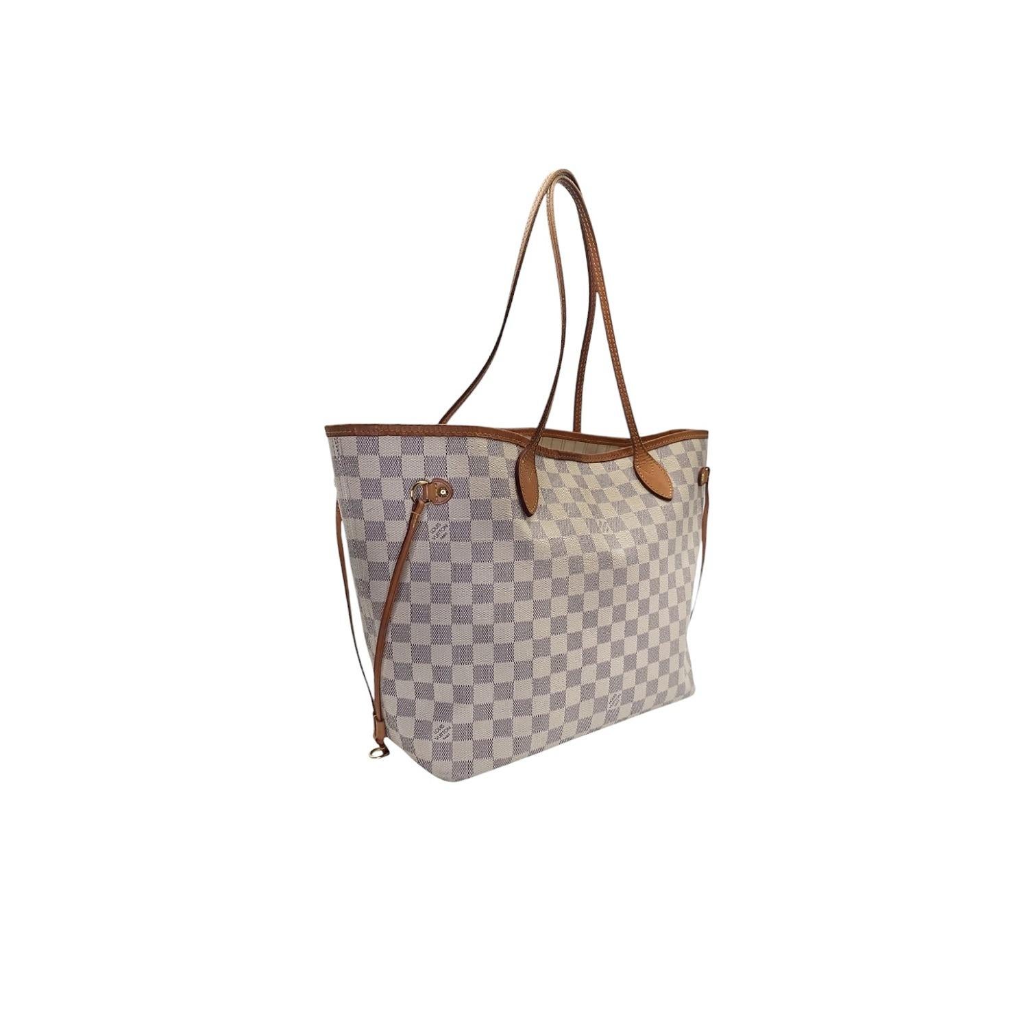 Indulge in luxury with the Louis Vuitton Neverfull Damier Azur MM Tote Rose Beige. Crafted with Damier Azur canvas and natural cowhide trim, this spacious tote offers a timeless design and versatile style. The slim leather handles are easy to carry,