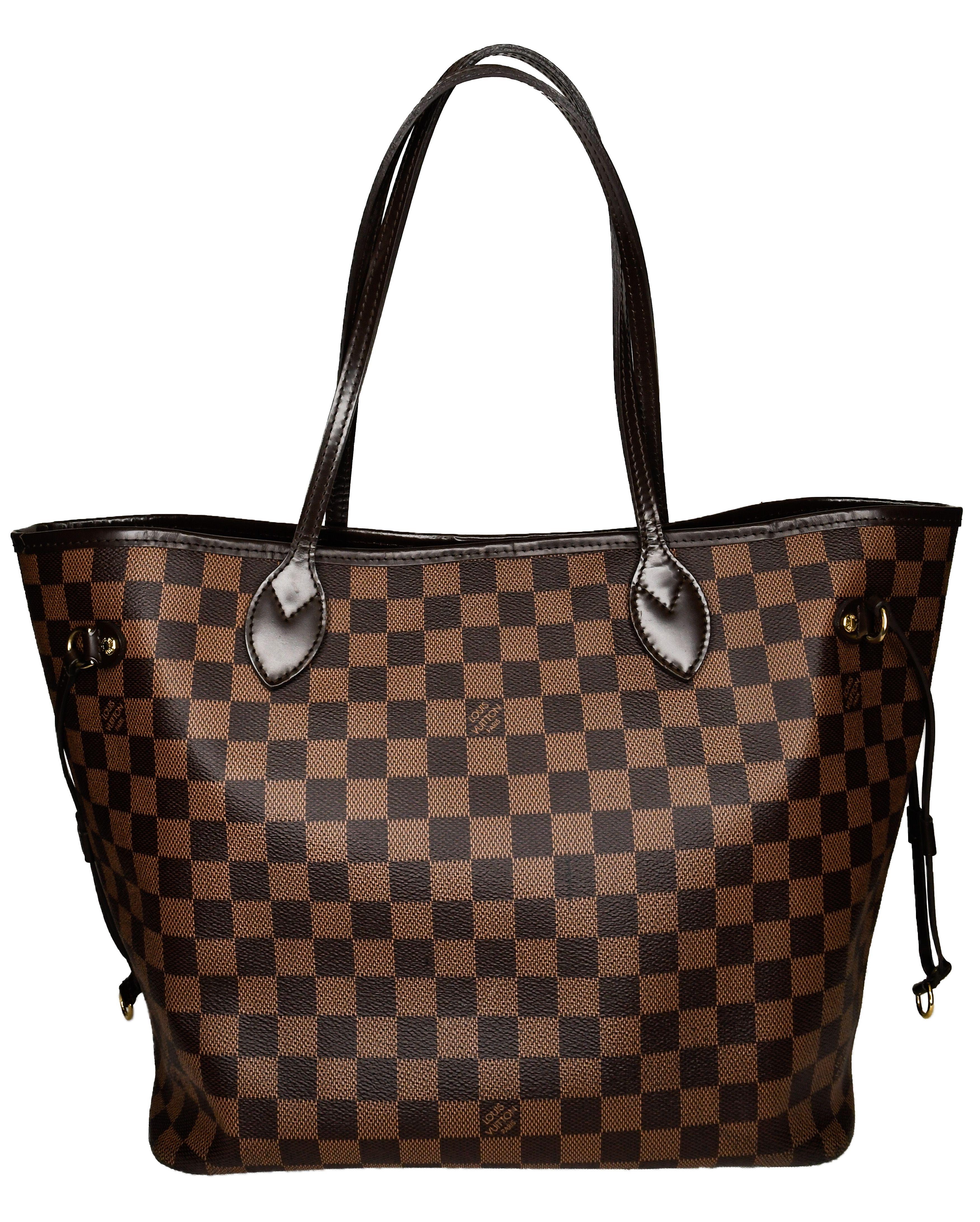 Introduced in 2007, the Neverfull tote has become one of Louis Vuitton's best selling bags.  No wonder!  Roomy tote features Damier Ebene canvas and leather trim.  Interior boasts red and black stripes, zippered pocket and D ring.  Removable,