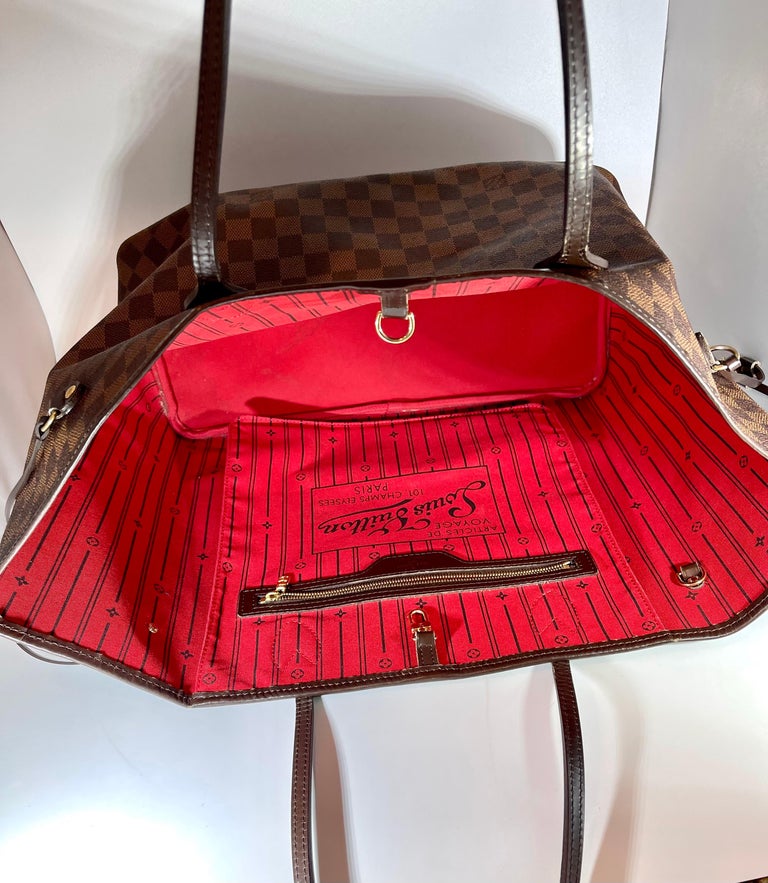 Louis Vuitton Neverfull GM Bag in Damier Ebène with Cherry Red