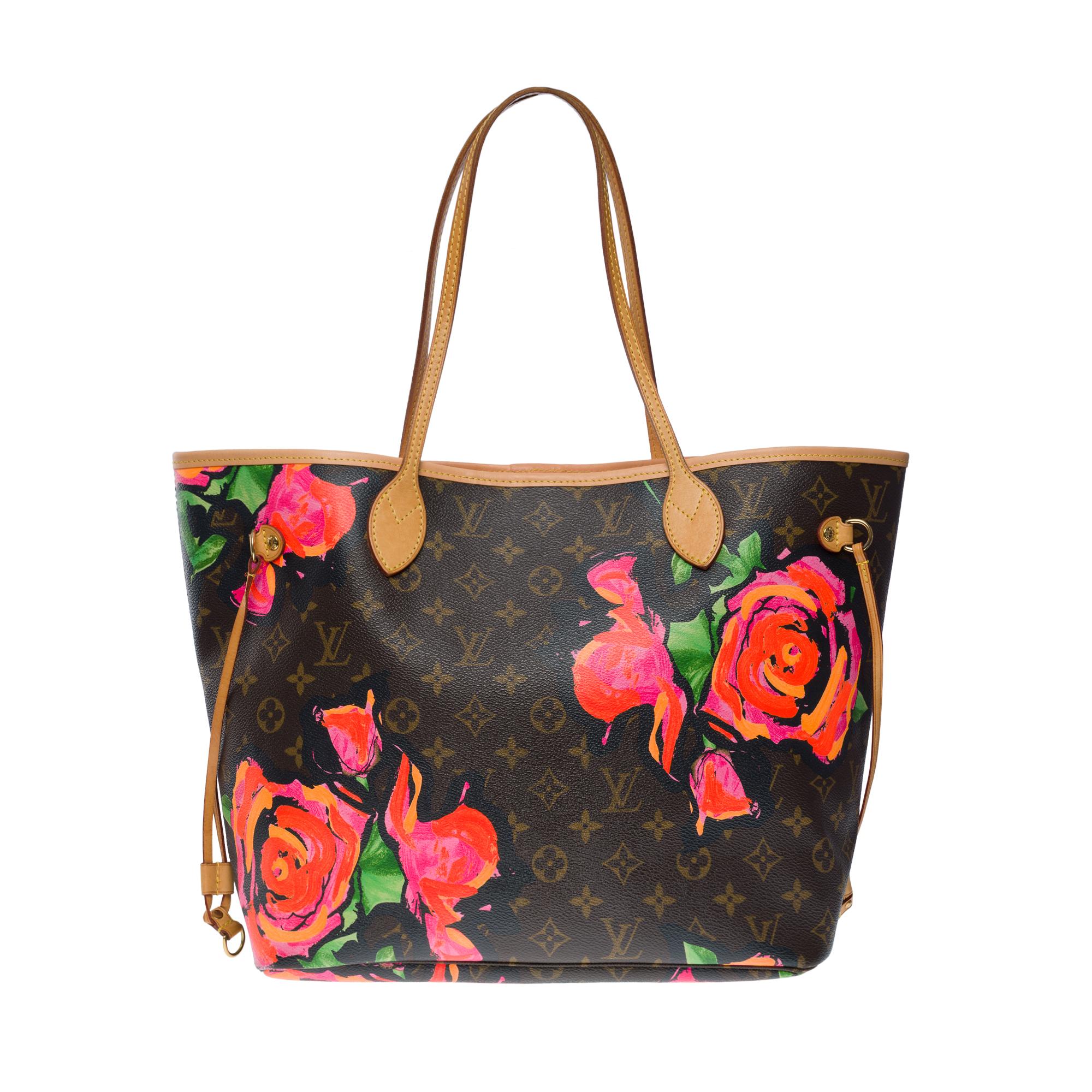The Collector’s Louis Vuitton Neverfull MM Tote bag Roses limited edition by Stephen Sprouse in brown monogram canvas with pink and natural leather motifs, gold metal hardware, double handle in natural leather allowing a hand or shoulder support

A