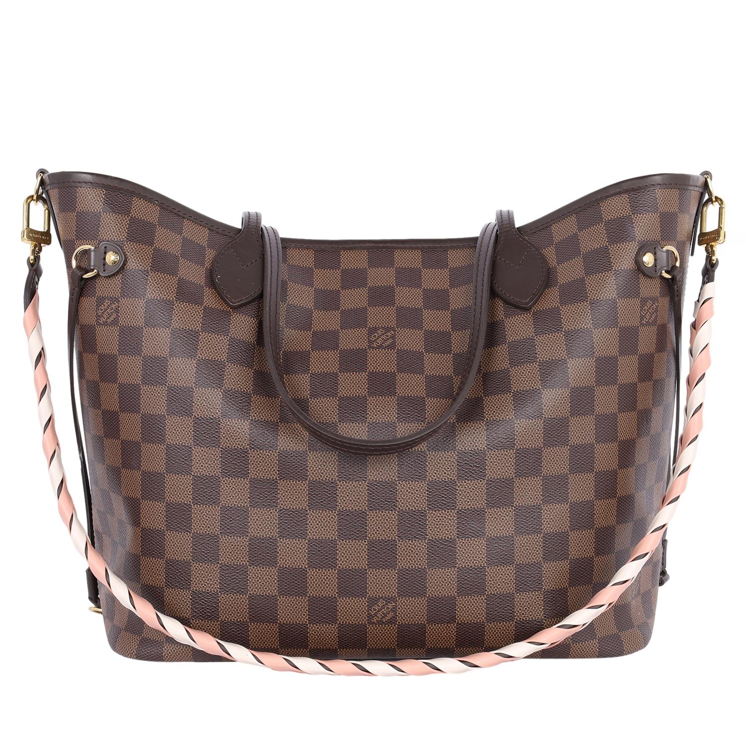 Gray Louis Vuitton Neverfull MM Braided Handle Damier Ebene Brown