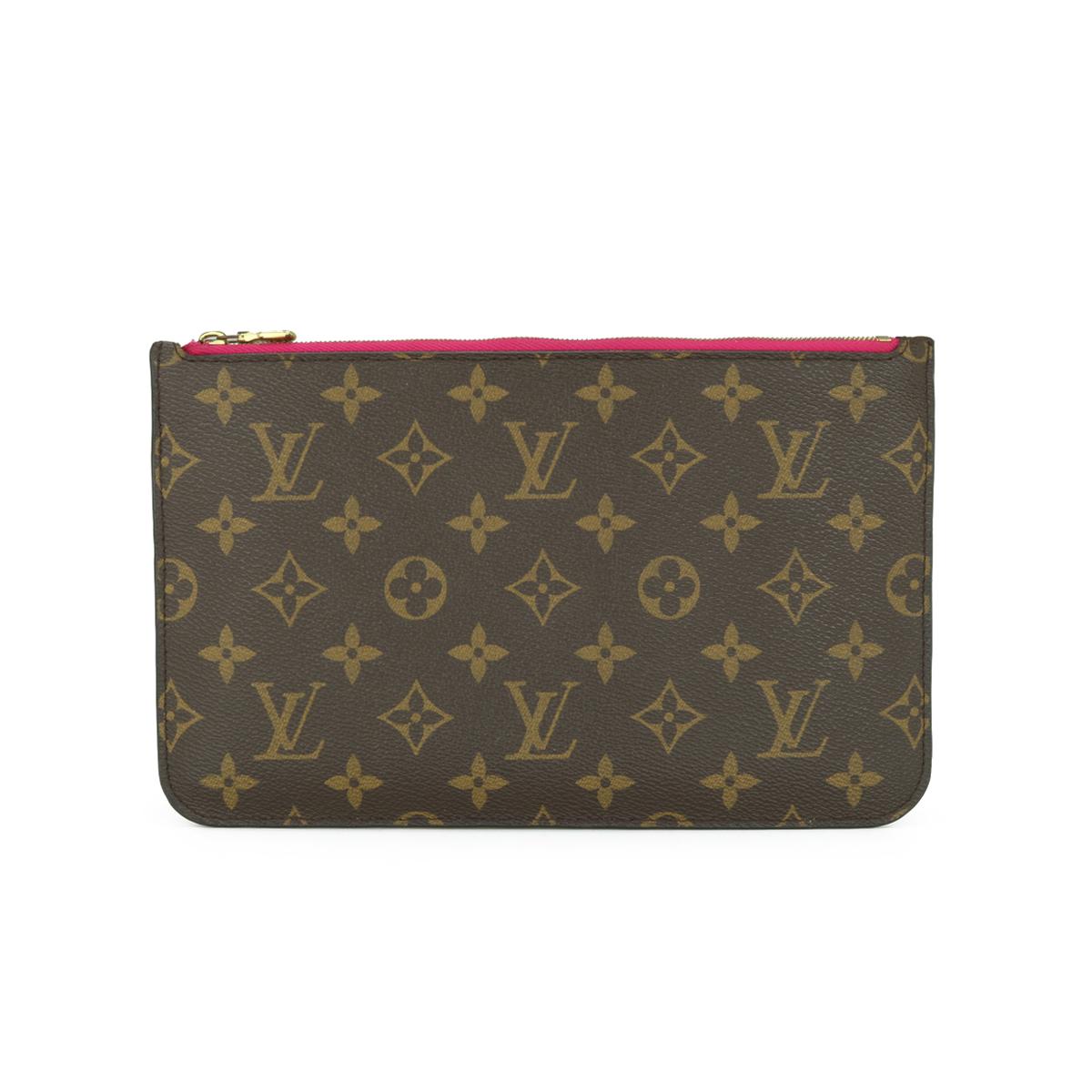 Louis Vuitton Neverfull MM Zip Pochette Pouch in Monogram with Pivoine Interior 2018.

This pouch is in good condition. 

- Exterior Condition: Good condition. There is very tiny inking wear to the two topside endpoints, which is only visible upon