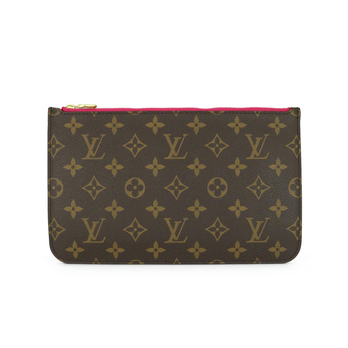 Louis Vuitton Neverfull MM Zip Pochette Pouch in Monogram with Pivoine Interior 2018.

This pouch is in excellent condition. 

- Exterior Condition: Excellent condition. The outside of the pouch shows minor signs of wear. There is inking wear to the
