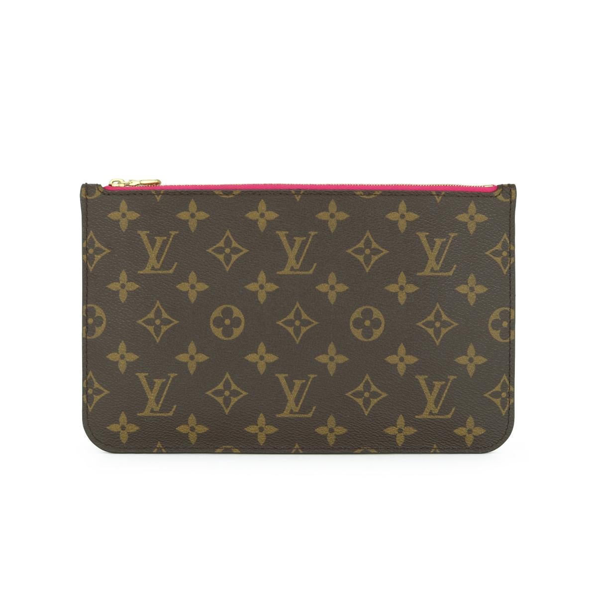 Louis Vuitton Neverfull MM Zip Pochette Pouch in Monogram with Pivoine Interior 2020.

This pouch is in excellent condition. 

- Exterior Condition: Excellent condition. There is very light inking wear to one corner. The calfskin vachette strap
