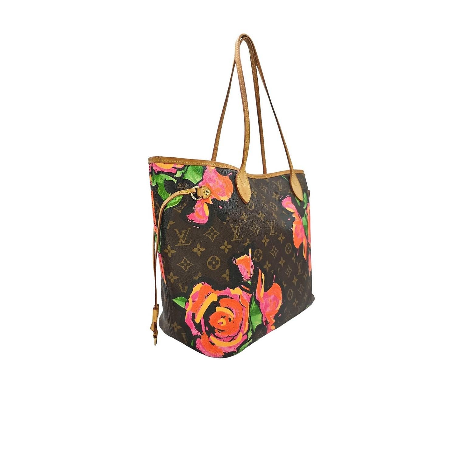 Indulge in luxury with the Louis Vuitton Neverfull MM Stephen Sprouse Monogram Roses tote. Crafted from LV Monogram Canvas, this elegant bag features a Rose motif designed by Stephen Sprouse. With its natural cowhide trim, roomy interior, and