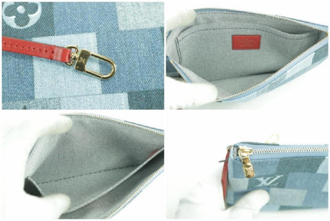 Louis Vuitton Neverfull Mm mit Beutel 850999 Blau X Rot Monogramm Denim Patchwork (Grau) im Angebot