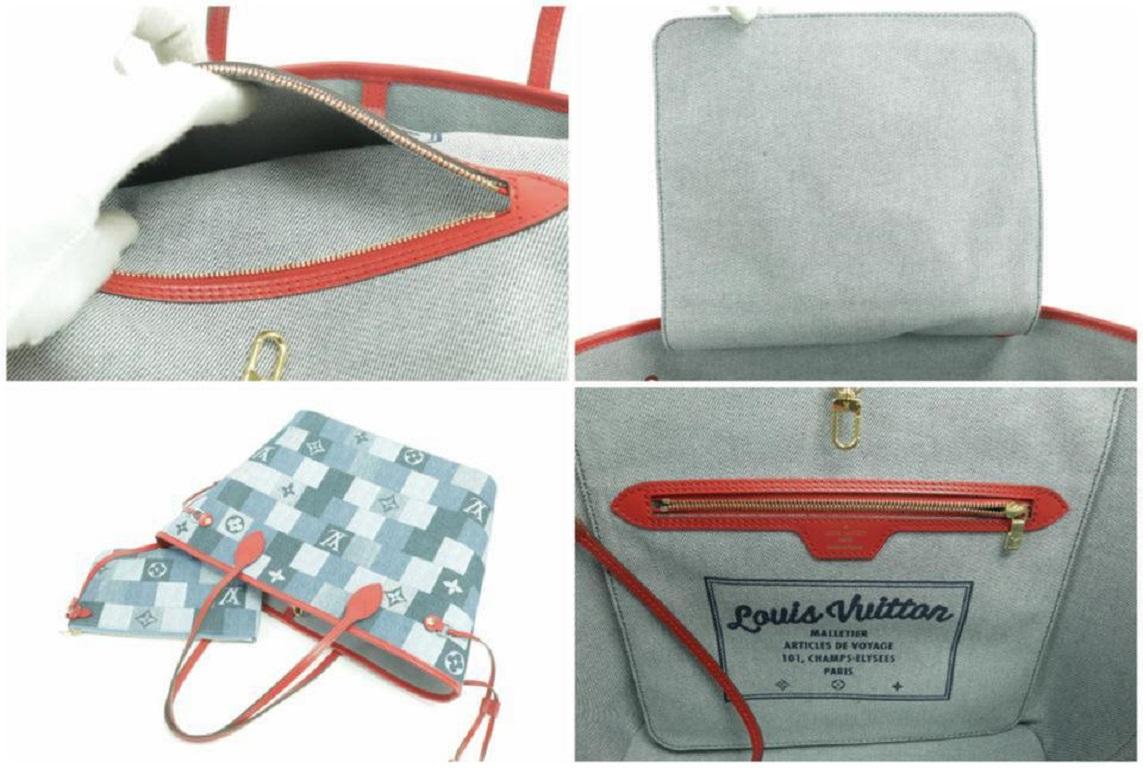 Louis Vuitton Neverfull Mm mit Beutel 850999 Blau X Rot Monogramm Denim Patchwork Damen im Angebot