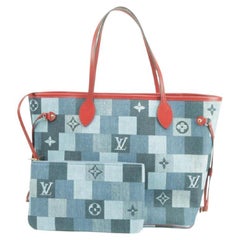 Vintage Louis Vuitton Neverfull Mm with Pouch 850999 Blue X Red Monogram Denim Patchwork
