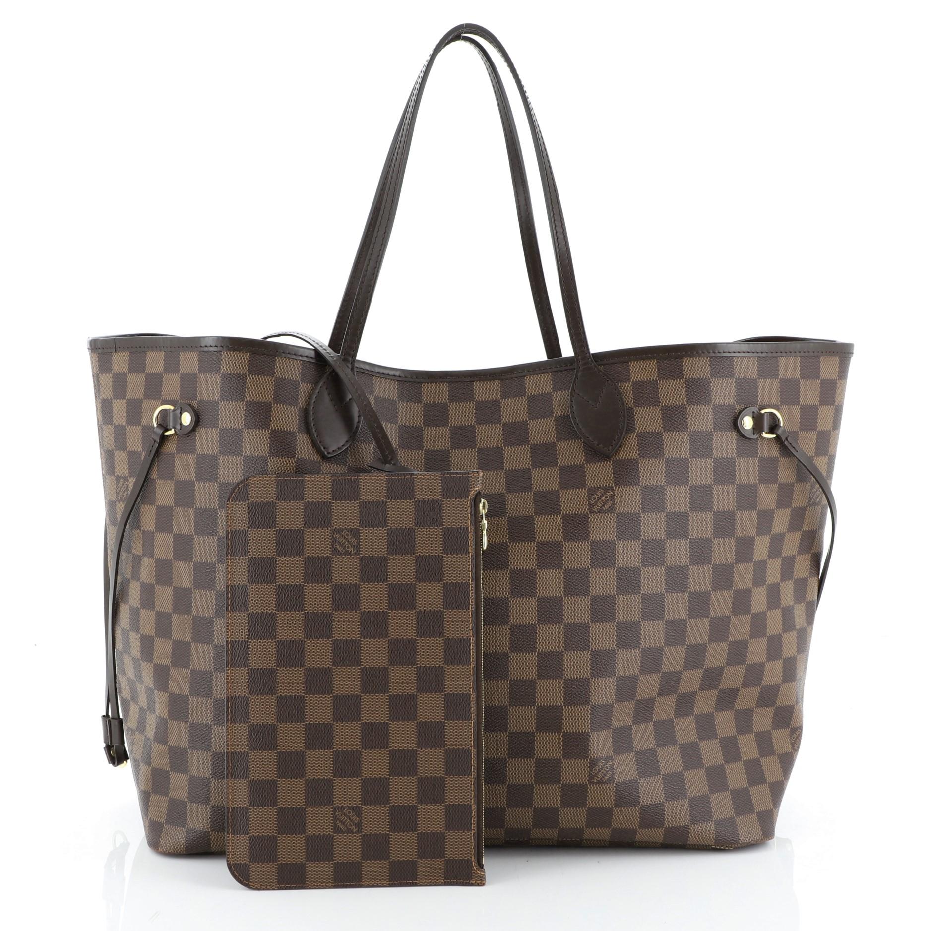 This Louis Vuitton Neverfull NM Tote Damier GM, crafted in damier ebene coated canvas, features dual slim handles, side laces, and gold-tone hardware. Its wide open top showcases a red fabric interior with side zip pocket. Authenticity code reads: