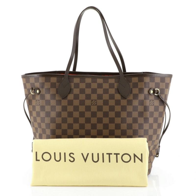 This Louis Vuitton Neverfull NM Tote Damier MM, crafted in damier ebene coated canvas, features dual slim leather handles, side laces and gold-tone hardware. Its wide open top showcases a red fabric interior with side zip pocket. Authenticity code
