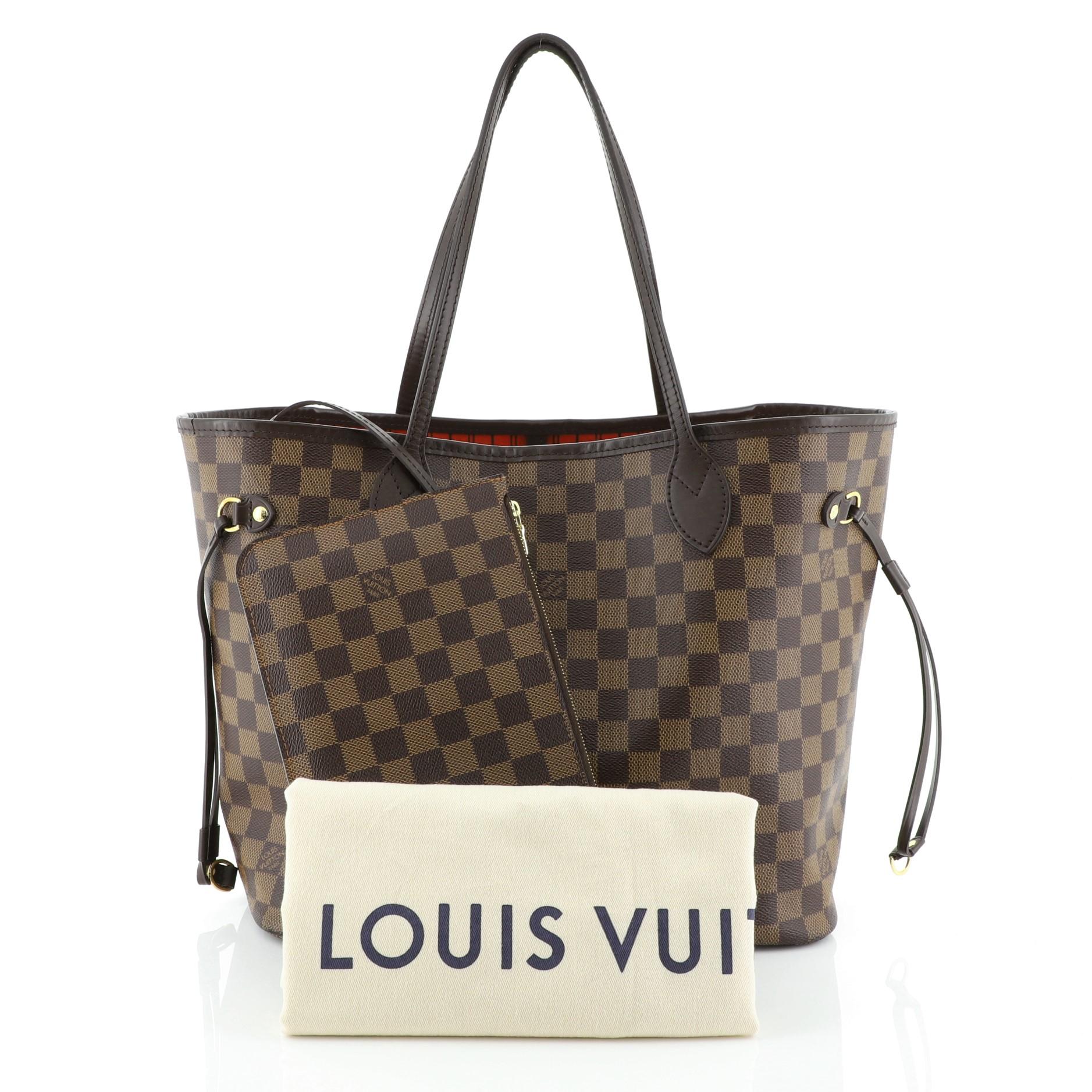 This Louis Vuitton Neverfull NM Tote Damier MM, crafted in damier ebene coated canvas, features dual slim handles, side laces, and gold-tone hardware. Its wide open top showcases a red fabric interior with side zip pocket. Authenticity code reads: