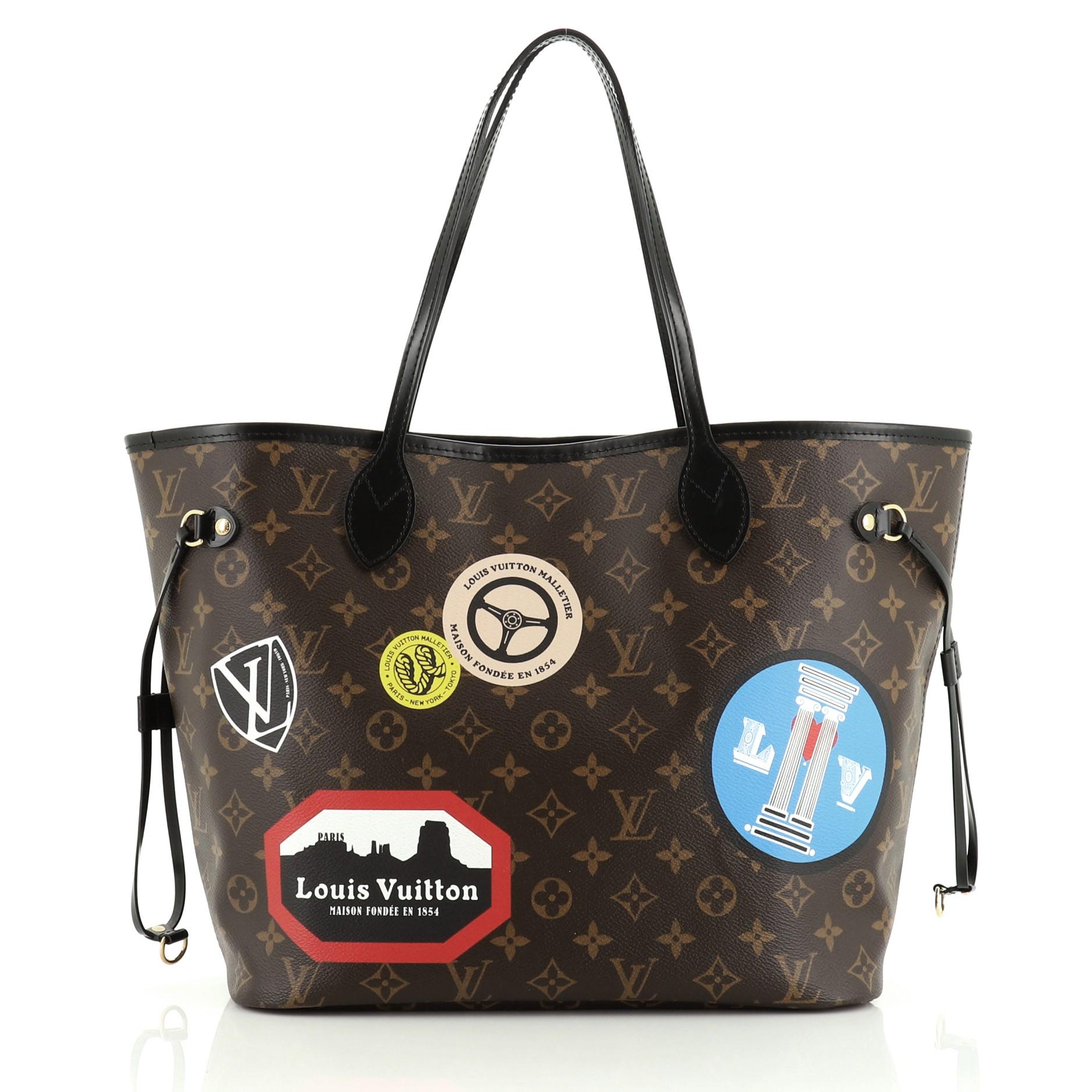 This Louis Vuitton Neverfull NM Tote Limited Edition World Tour Monogram Canvas MM, crafted in brown monogram coated canvas, features dual slim handles, World Tour-themed stickers, side drawstrings and gold-tone hardware. Its hook closure opens to a
